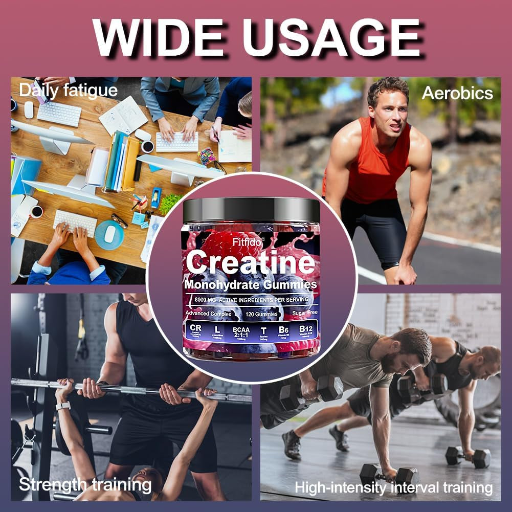 Creatine Monohydrate Gummies Complex 5000Mg for Men and Women, Containing L-Carnitine & Taurine, Build Muscle, Boost Energy, Faster Recovery, Sugar Free & Vegan, Raspberry & Blackberry, 120 Count