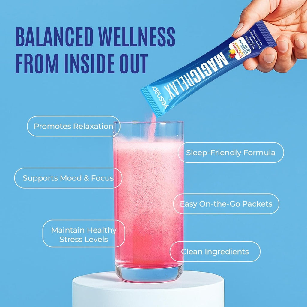MAGICRELAX 8-In-1 Super Calm Magnesium Glycinate Powder Drink Mix Supports Stress Healthy Cortisol, Mood & Sleep, KSM-66 Ashwagandha Saffron GABA L-Theanine Vitamin D3, 0 Sugar, Raspberry Lemonade