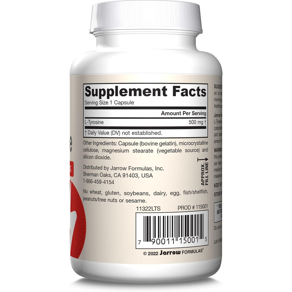 Jarrow Formulas® L-Tyrosine 500 Mg, Dietary Supplement, Amino Acid Supplement for Brain Health Support, 100 Capsules, 100 Day Supply