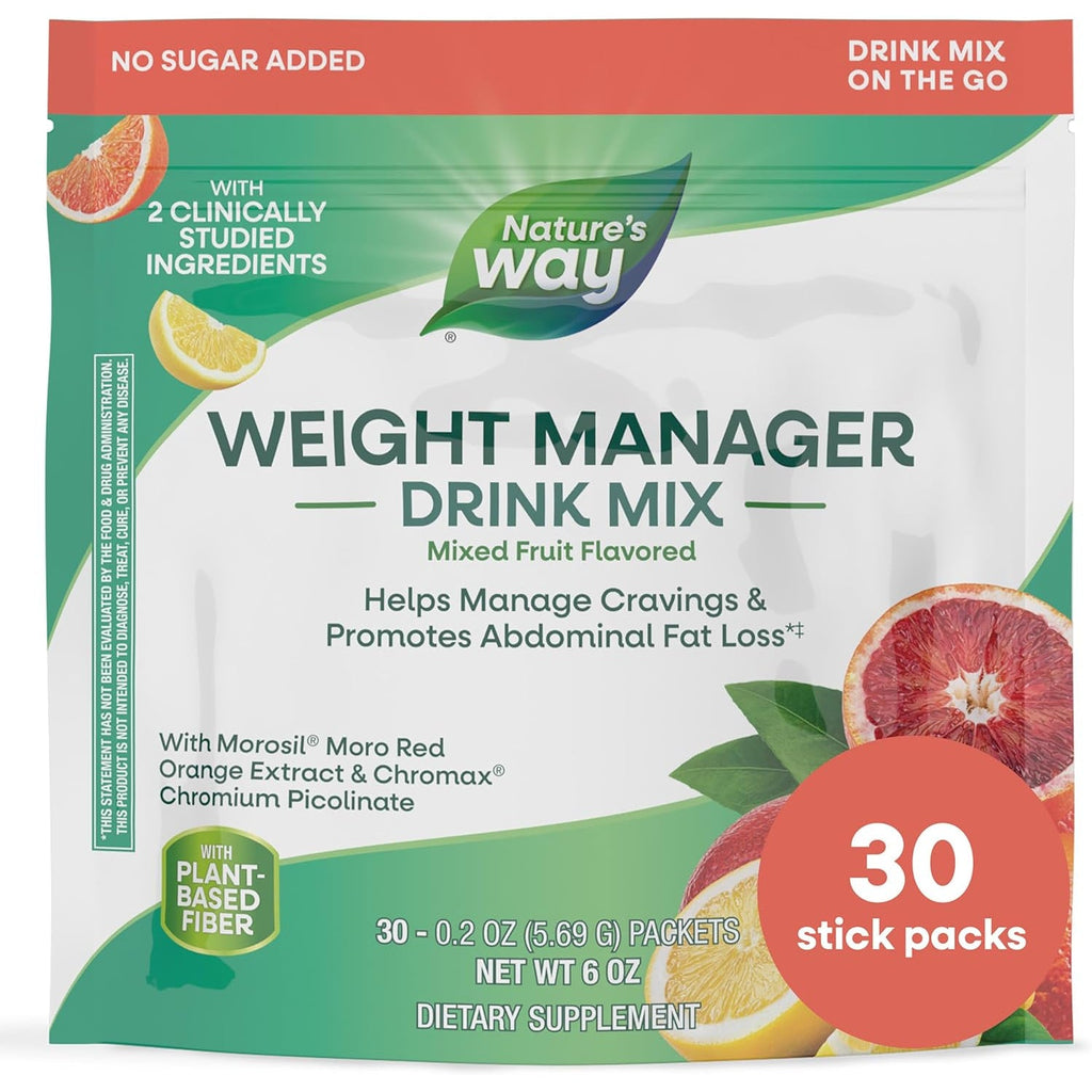 Nature'S Way Weight Manager Drink Mix Packets, Supports Craving Management & Abdominal Fat Loss*(1), with Clinically Studied Ingredients, Plant-Based Fiber, No Sugar, Mixed Fruit Flavored, 30 Packets