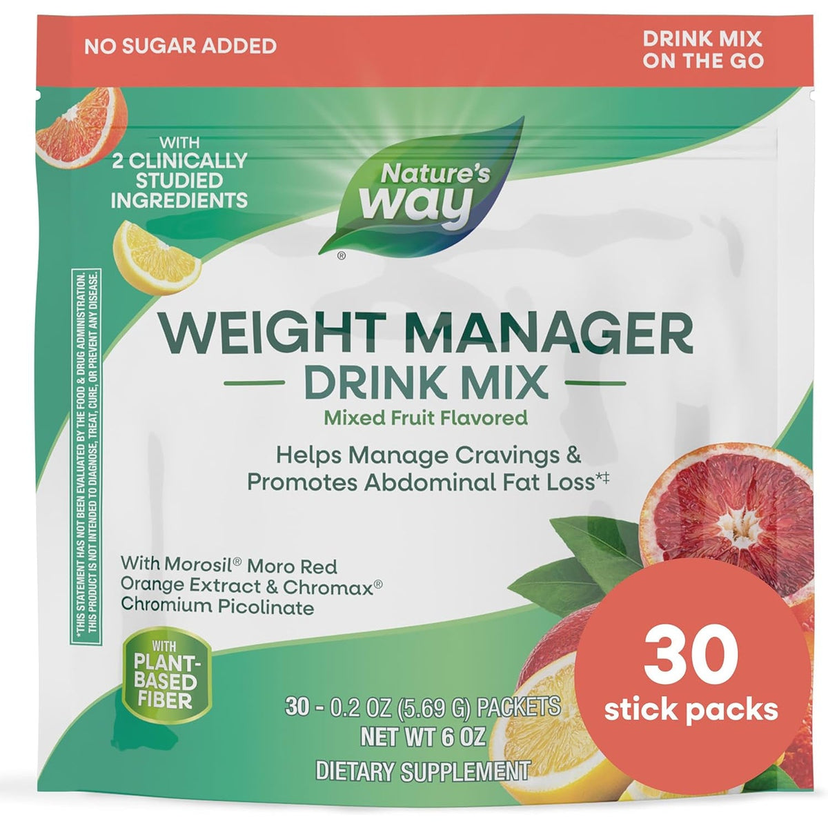 Nature'S Way Weight Manager Drink Mix Packets, Supports Craving Management & Abdominal Fat Loss*(1), with Clinically Studied Ingredients, Plant-Based Fiber, No Sugar, Mixed Fruit Flavored, 30 Packets