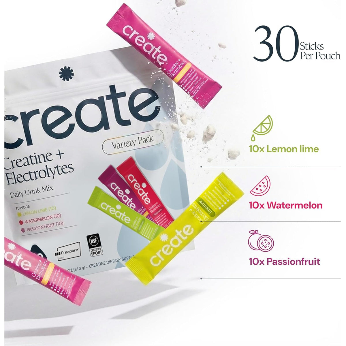 Create Creatine + Electrolytes Mix - Creatine Monohydrate Stick Packs, Supports Energy and Hydration, NSF Certified for Sport, 30 Count, Variety Pack