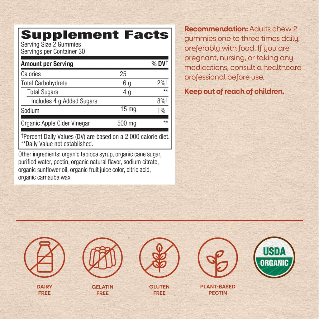 Nature'S Way Organic Apple Cider Vinegar Gummies, 500 Mg Organic Apple Cider Vinegar per 2-Gummy Serving, Apple Flavored, 60 Gummies (Packaging May Vary)