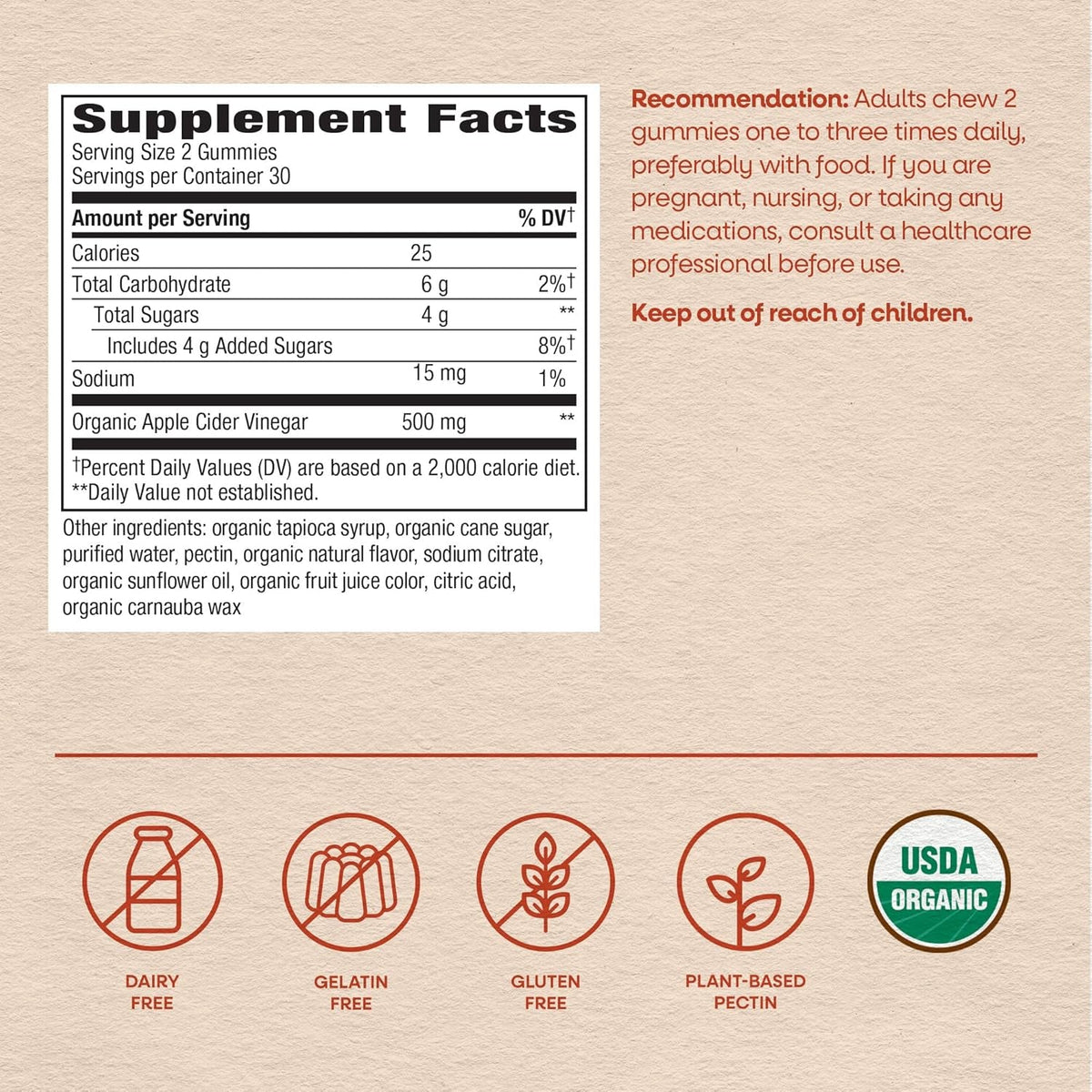Nature'S Way Organic Apple Cider Vinegar Gummies, 500 Mg Organic Apple Cider Vinegar per 2-Gummy Serving, Apple Flavored, 60 Gummies (Packaging May Vary)