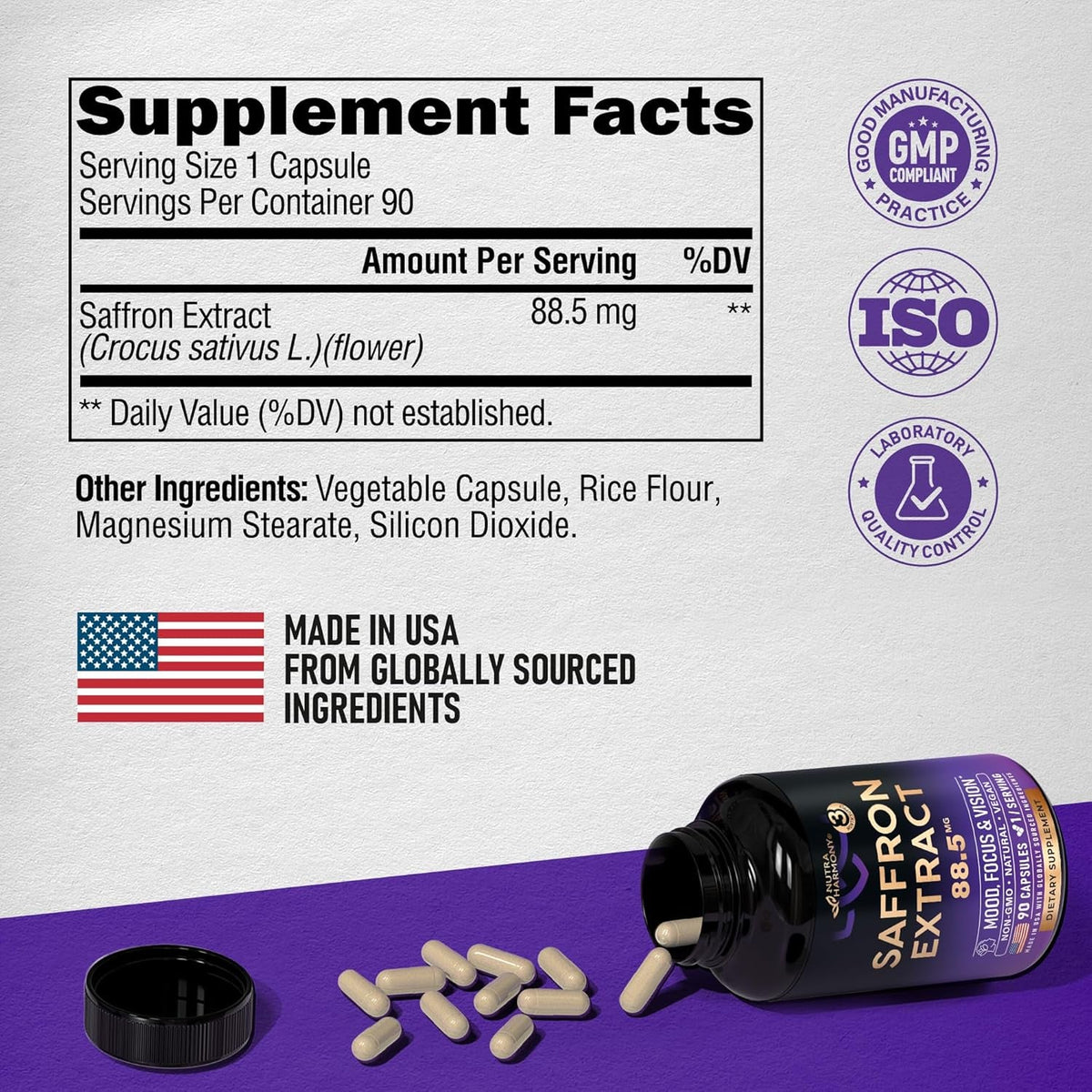 Natural Saffron Supplements - Pure Saffron Extract 88.5 Mg - Mood | Focus | Vision | Energy Support - Eye Health for Women & Men - Lab Tested - Nongmo Vegan Pills - 90 Powder Capsules, 3 Month Supply