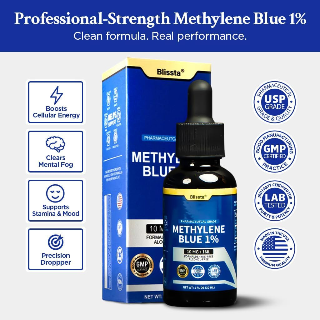 USP Pharmaceutical Grade Methylene Blue 1% Solution – Third-Party Lab Tested, Formaldehyde-Free, Heavy Metal Free –Nootropic - Cognitive Support, Brain Health, Energy & Focus Drops – 30Ml