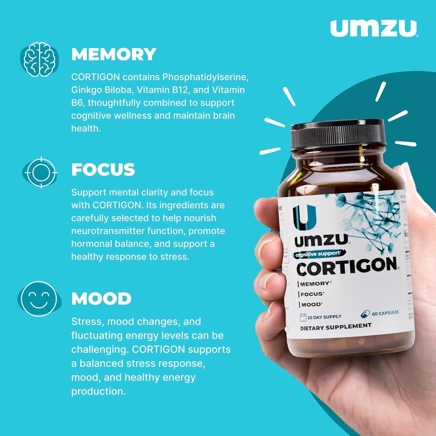 UMZU Cortigon Cortisol Support Supplement, 30 Day Supply – Natural Formula with Ginkgo Biloba, Phosphatidylserine, Vitamin B12 & B6 – Supports Healthy Stress Management, Mood, Focus & Cognitive Health