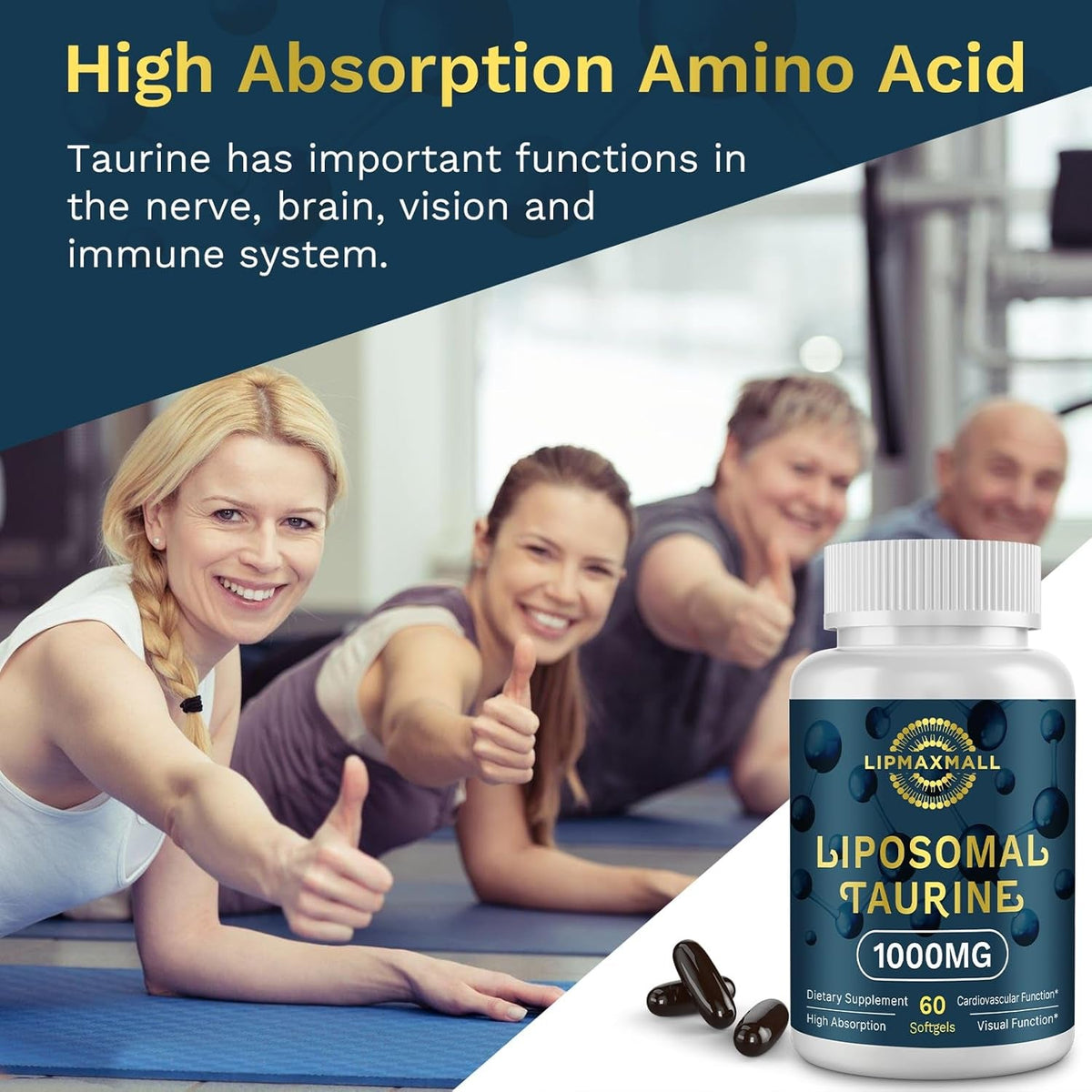 Lipmaxmall Liposomal Taurine Supplement 1000Mg, High Absorption Amino Acid for Heart, Nerve, Brain, Visual (60 Softgels - 1 Pack)