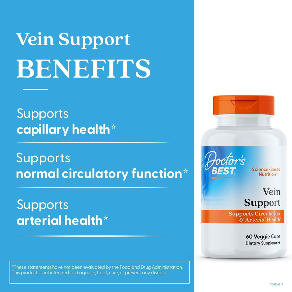 Doctor'S Best Vein Support Supplement - Contains Diosmin & Hesperidin, Circulation Support for Legs & Feet, for Men & Women, Formula with Vitamin K2 & Natural Orange Extract, Vegan - 60 Veg Caps