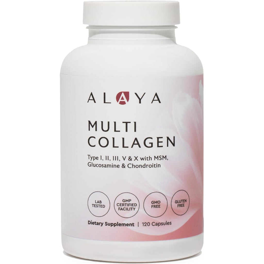 Alaya Naturals Hydrolyzed Multi Collagen Peptides Protein Capsules - Type I, II, III, V, X Grass-Fed Bovine, Chicken, Marine Collagen Supplement with MSM + GC (Capsules - 120 Count)
