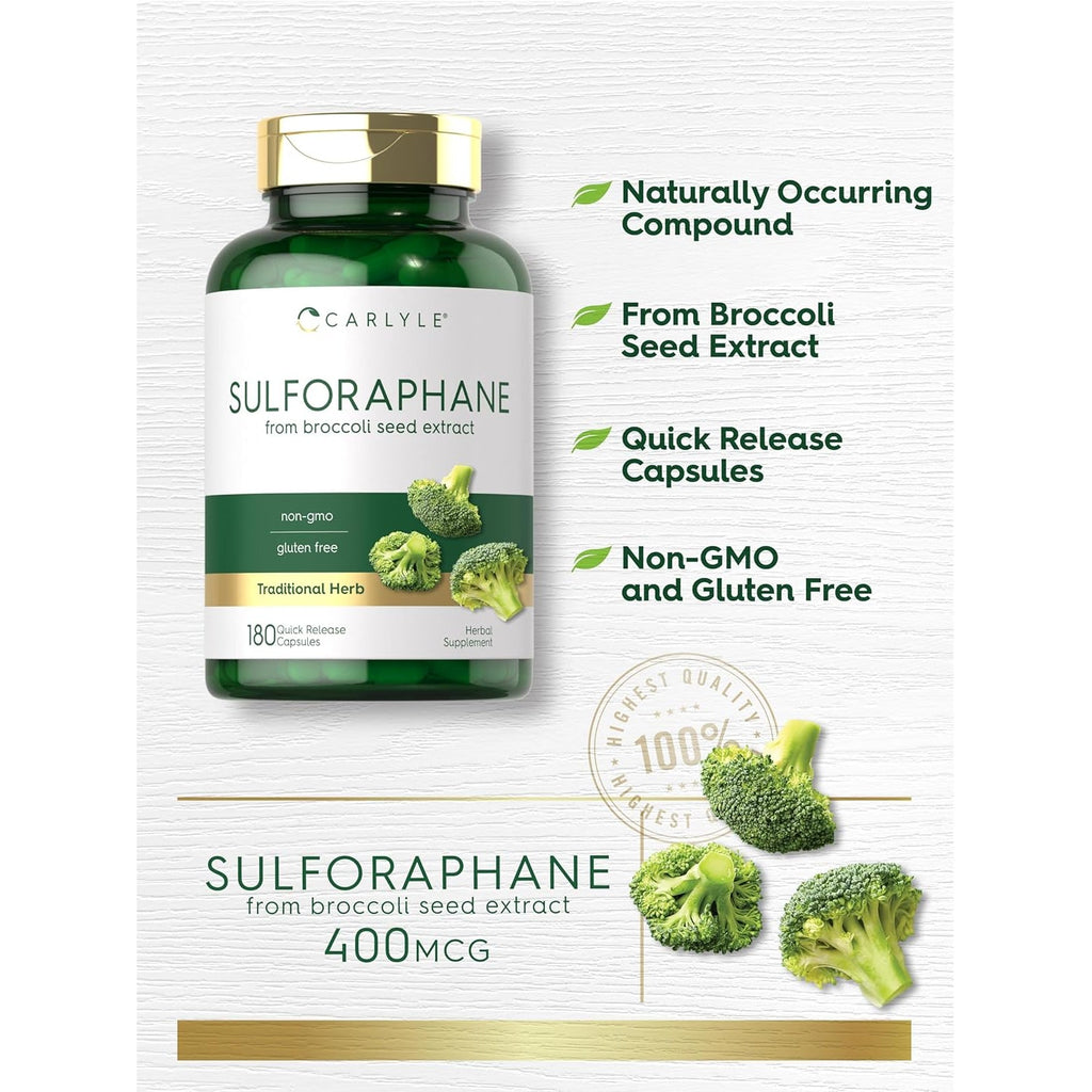 Carlyle Sulforaphane Supplement | 400 Mcg | from Broccoli Seed Extract | 180 Capsules | Traditional Herbal Supplement | Non-Gmo and Gluten Free Formula