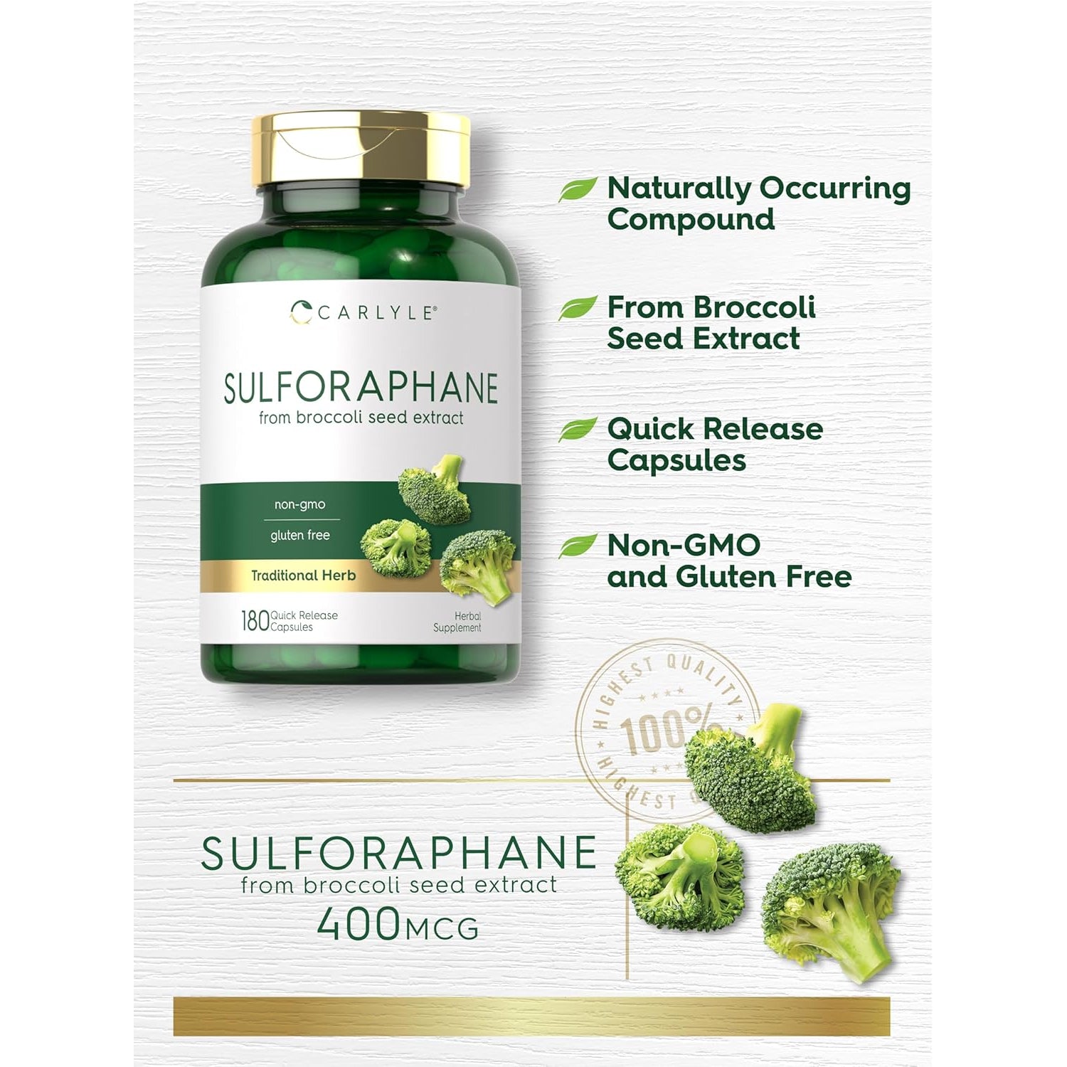 Carlyle Sulforaphane Supplement | 400 Mcg | from Broccoli Seed Extract | 180 Capsules | Traditional Herbal Supplement | Non-Gmo and Gluten Free Formula