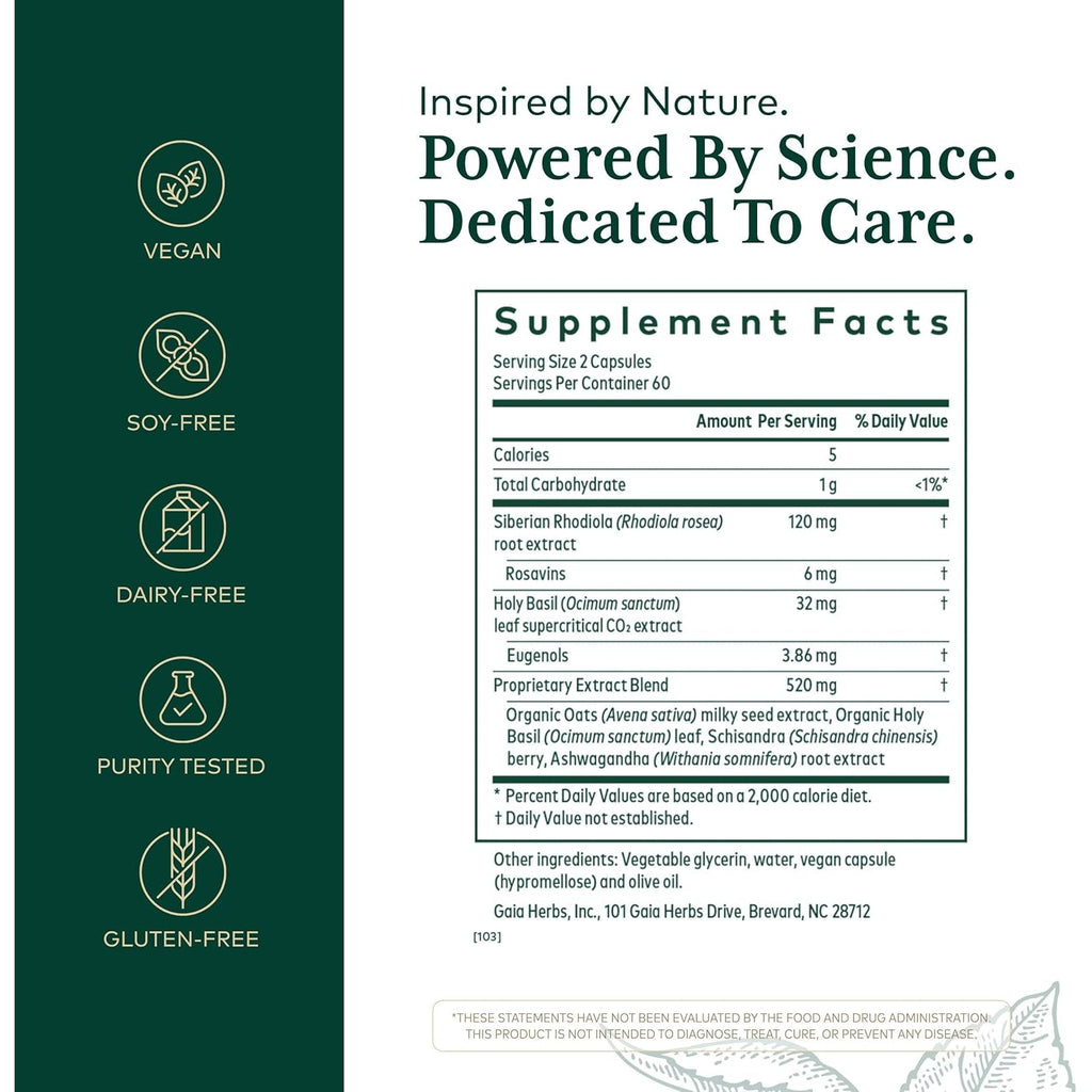 GAIA HERBS PRO Daytime HPA - Adaptogen Support Supplement - Nervous System Support Supplement with Olive Oil & Rhodiola* - Vegan, Gluten-Free, Soy-Free - 120 Liquid Phyto-Caps (60 Servings)
