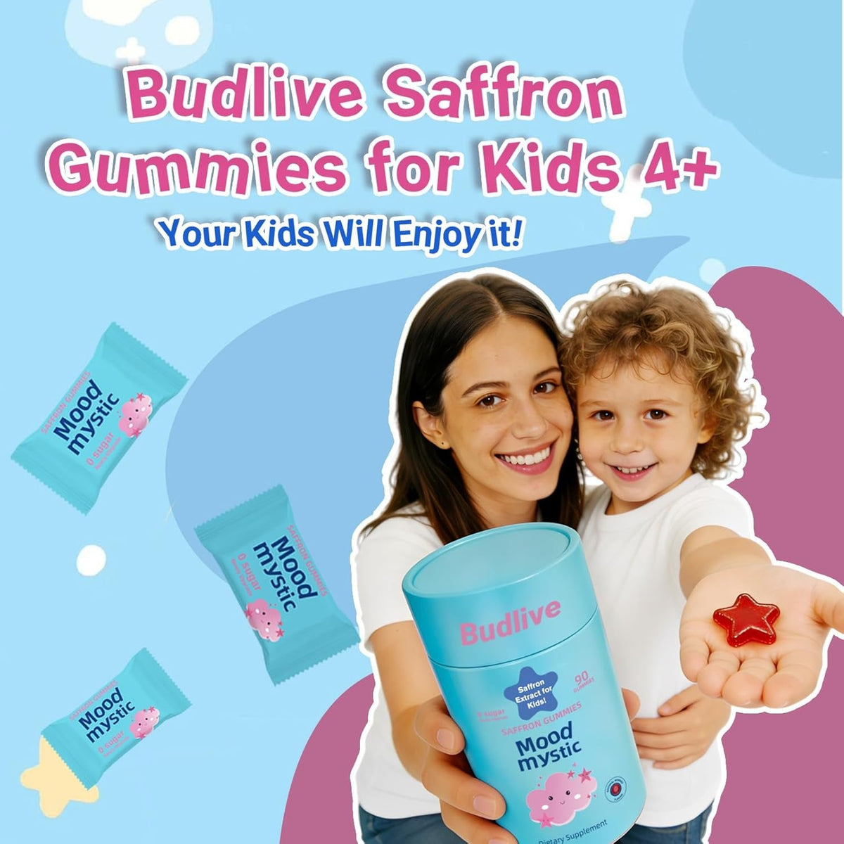 Saffron Supplement Gummies for Kids - Mood Munchies Kids Saffron Gummies with GABA, Mood Balance Calming Gummies for Focus & Cognition, Sugar Free Strawberry Flavor, 90 Counts