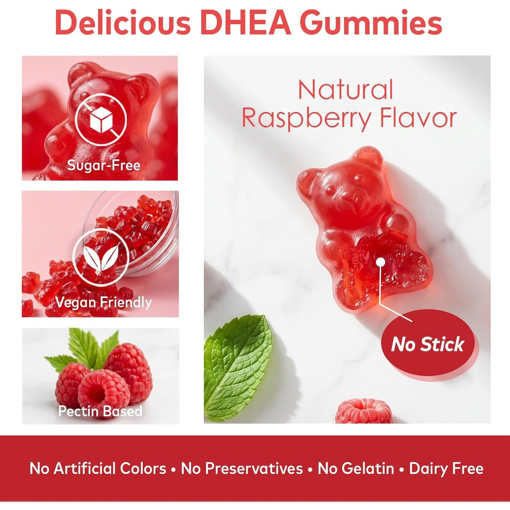 DHEA Supplement for Women, DHEA 25Mg Gummies with B6, B12, Folate and Chasteberry for Energy Support, Vegan, Raspberry Flavor, 60 Count