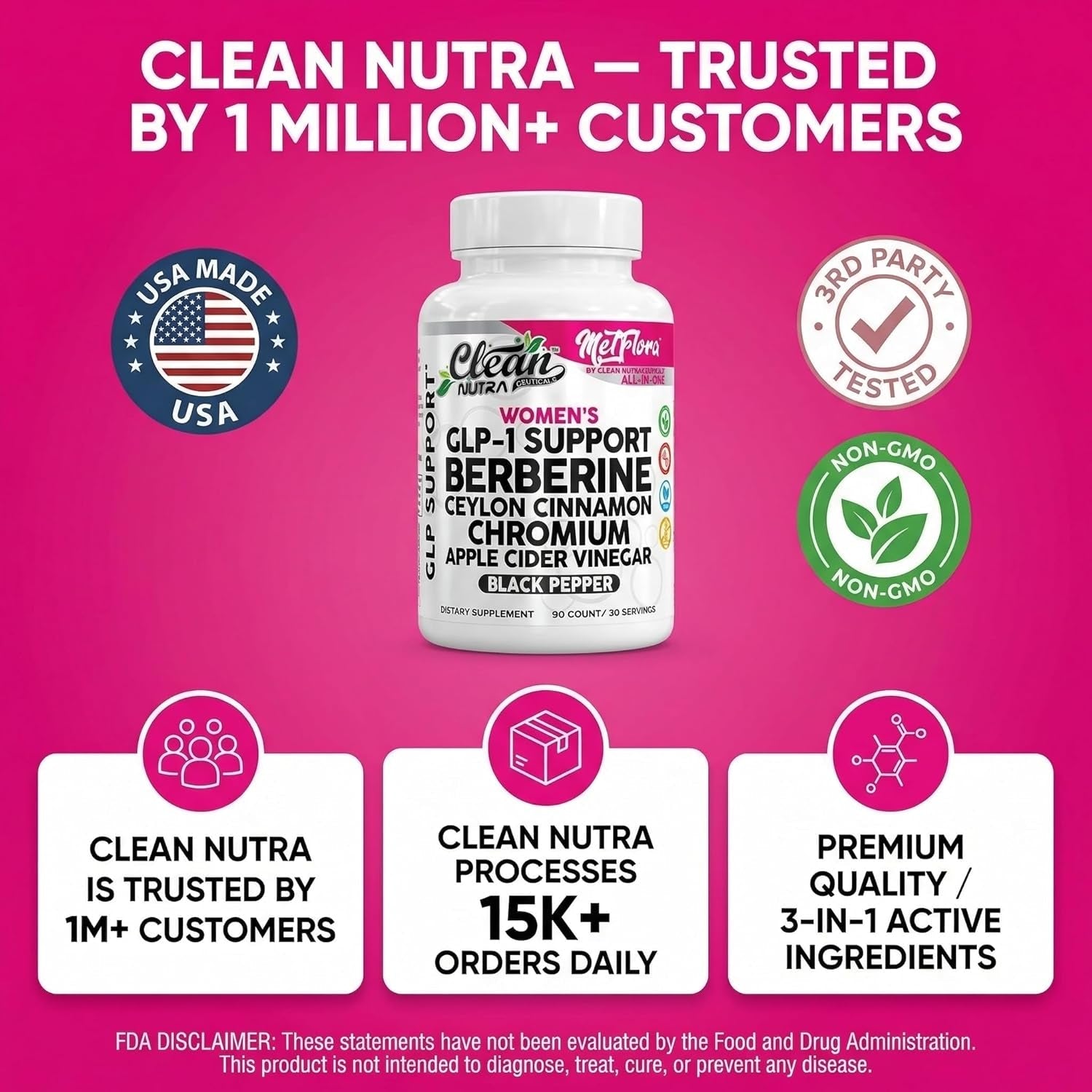 Berberine 1500Mg Supplement with Apple Cider Vinegar Capsules - Women'S GLP-1 Support with Ceylon Cinnamon, Chromium Picolinate & Black Pepper Extract - Metabolic Wellness - 90 Vegetarian Capsules