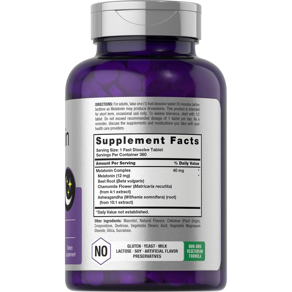 Horbäach Melatonin 40Mg Complex | 360 Fast Dissolve Tablets | Adult Extra Strength Supplement | with Chamomile and Ashwagandha | Vegetarian, Non-Gmo, Gluten Free