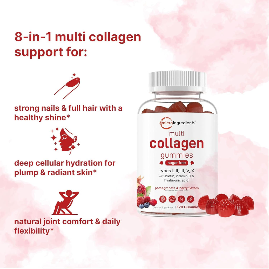 Micro Ingredients Multi Collagen Peptides, 120 Collagen Gummies | Type I,II,III,V,X Protein with Biotin, Hyaluronic Acid, & Vitamin C Complex | Pomegranate & Berry Flavored | Sugar Free, Non-Gmo