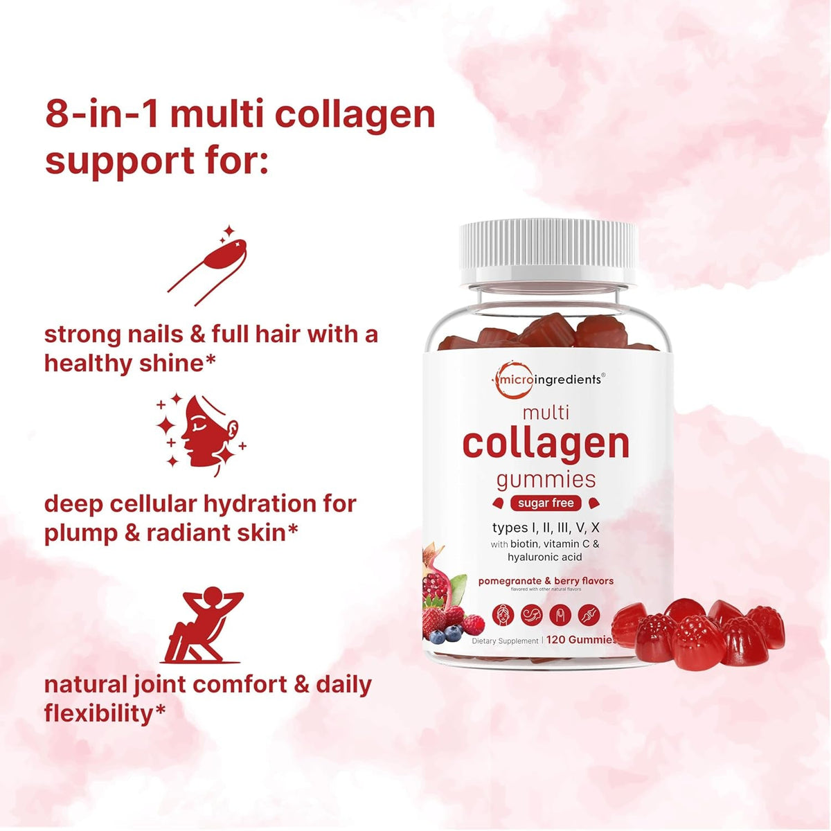 Micro Ingredients Multi Collagen Peptides, 120 Collagen Gummies | Type I,II,III,V,X Protein with Biotin, Hyaluronic Acid, & Vitamin C Complex | Pomegranate & Berry Flavored | Sugar Free, Non-Gmo