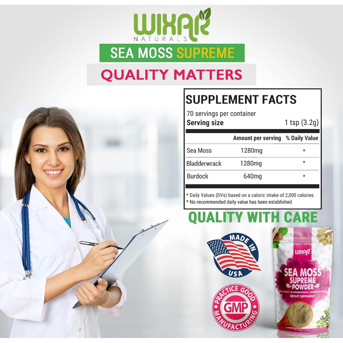 Wixar Wildcrafted Sea Moss Powder – (8 Ounces) – Natural Irish Sea Moss and Bladderwrack with Burdock Powder - Thyroid Support, Healthy Skin, Keto Detox, Joint Support Alkaline Supplements