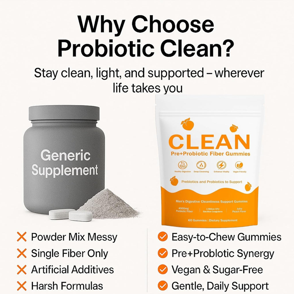 Clean Prebiotic Fiber Gummies for Men - Peach Flavor, Pre+Probiotic Fiber Gummies, Gut Balance, Digestive Support & Daily Clean Confidence, Cleaning Support Gummy 60Gummies