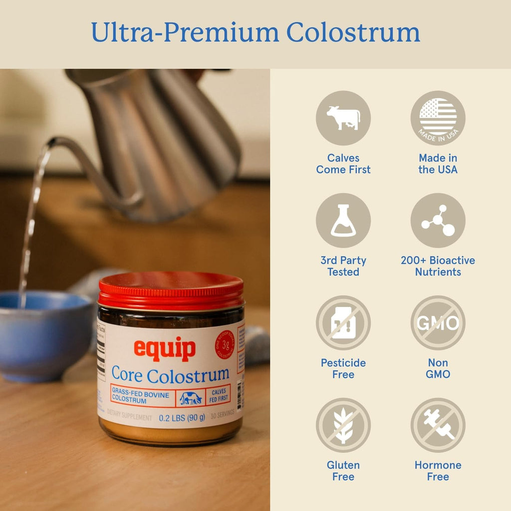 Equip Foods Core Bovine Colostrum Powder - 3,000Mg Grass Fed Colostrum Supplement - Gut Health, Immunity, Recovery Lactoferrin Supplements - Keto Friendly Bovine Colostrum, 30 Servings, Unflavored
