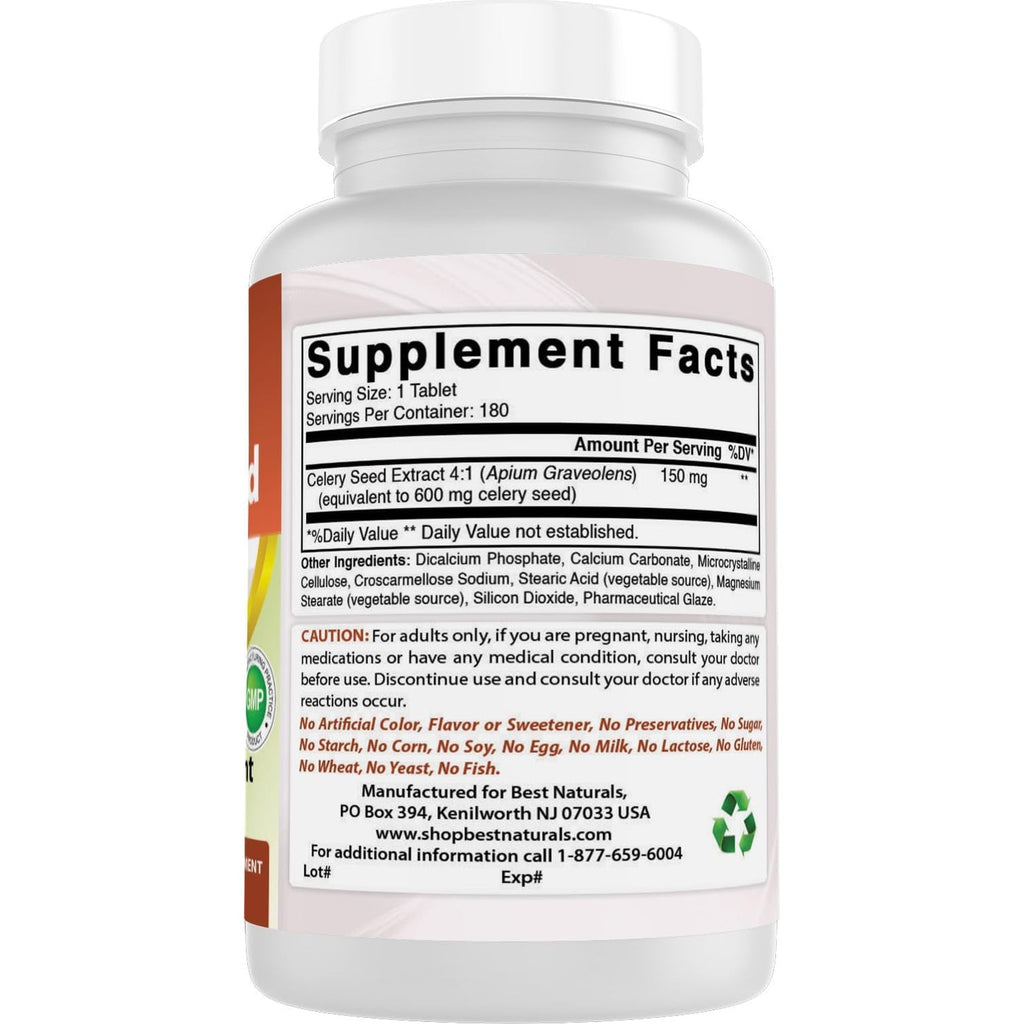 Best Naturals Celery Seed 600 Mg Tablet, 180 Count (817716014401)