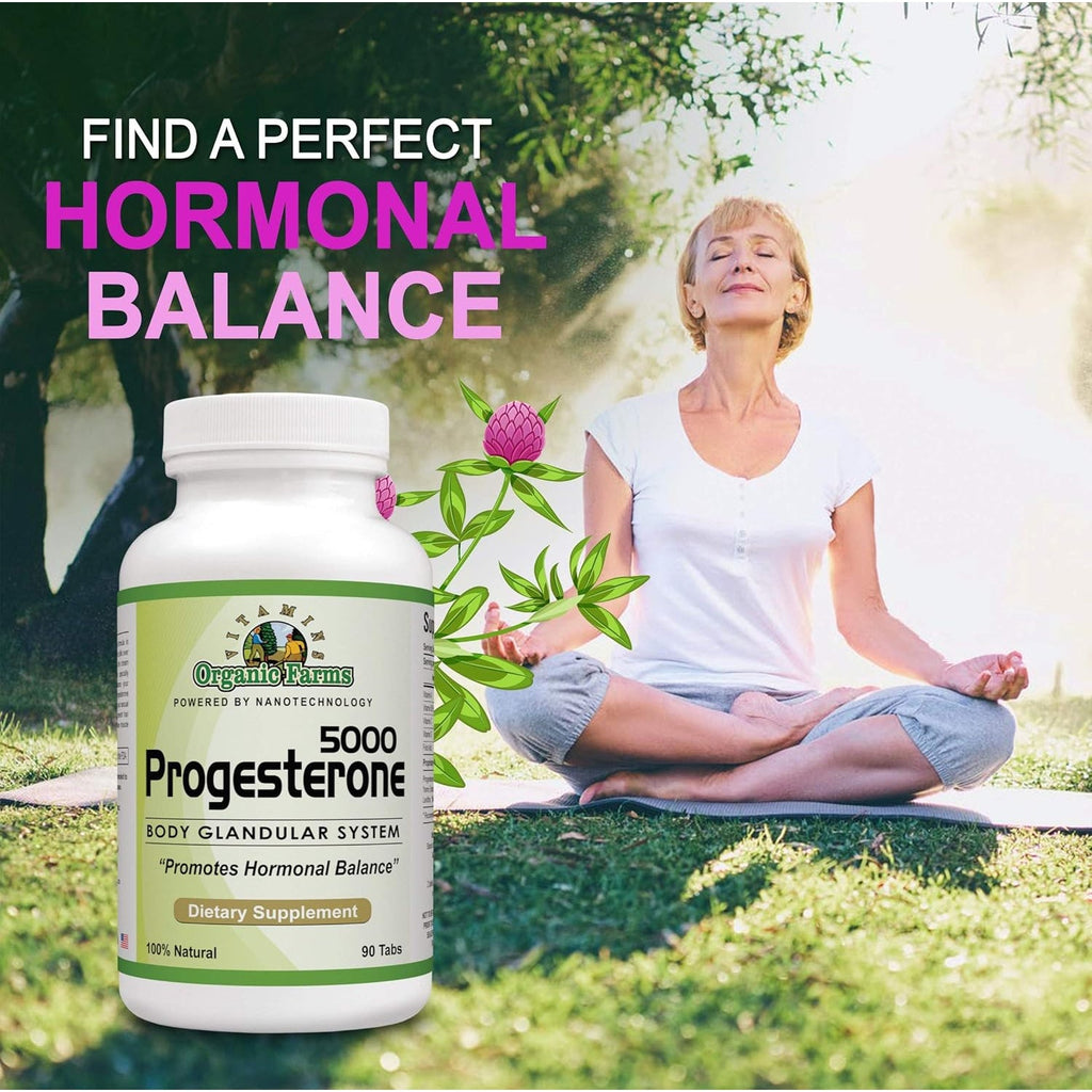 Organic Farm Vitamins Progesterone 5000 - Body Glandular System Dietary Supplement, 100% Natural Progesterone Pills - Formula to Balance Hormones - Progesterone Supplement, 90 Tablets