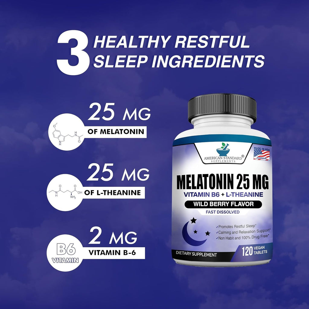 Melatonin 25Mg per One Tablet, 120 Chewable Tablet with L-Theanine & Vitamin B-6, Supports Healthy Sleep Cycle , Promotes Calming & Restful Sleep, Vegan, NON GMO, Made in USA