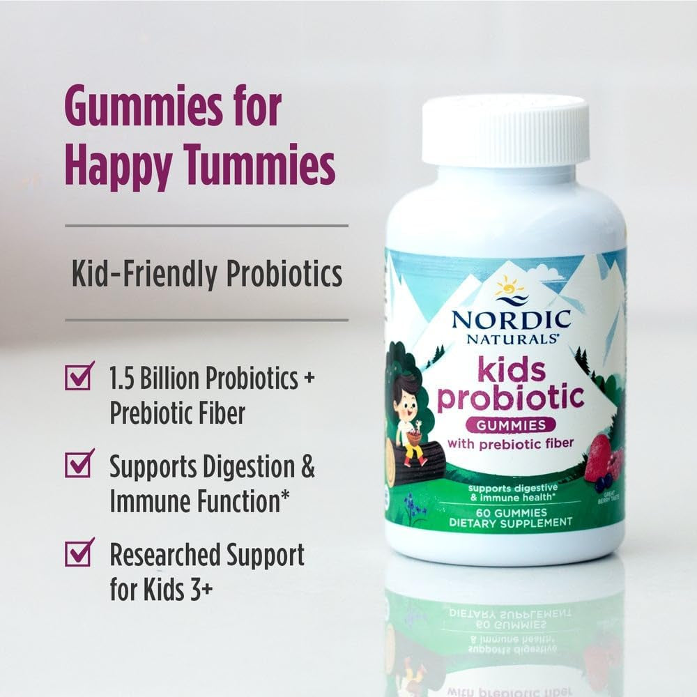 Nordic Naturals Kids Nordic Flora Probiotic Gummies, Merry Berry Punch - 60 Gummies - 1.5 Billion CFU & Prebiotic Fiber - Non-Gmo, Vegan - 30 Servings