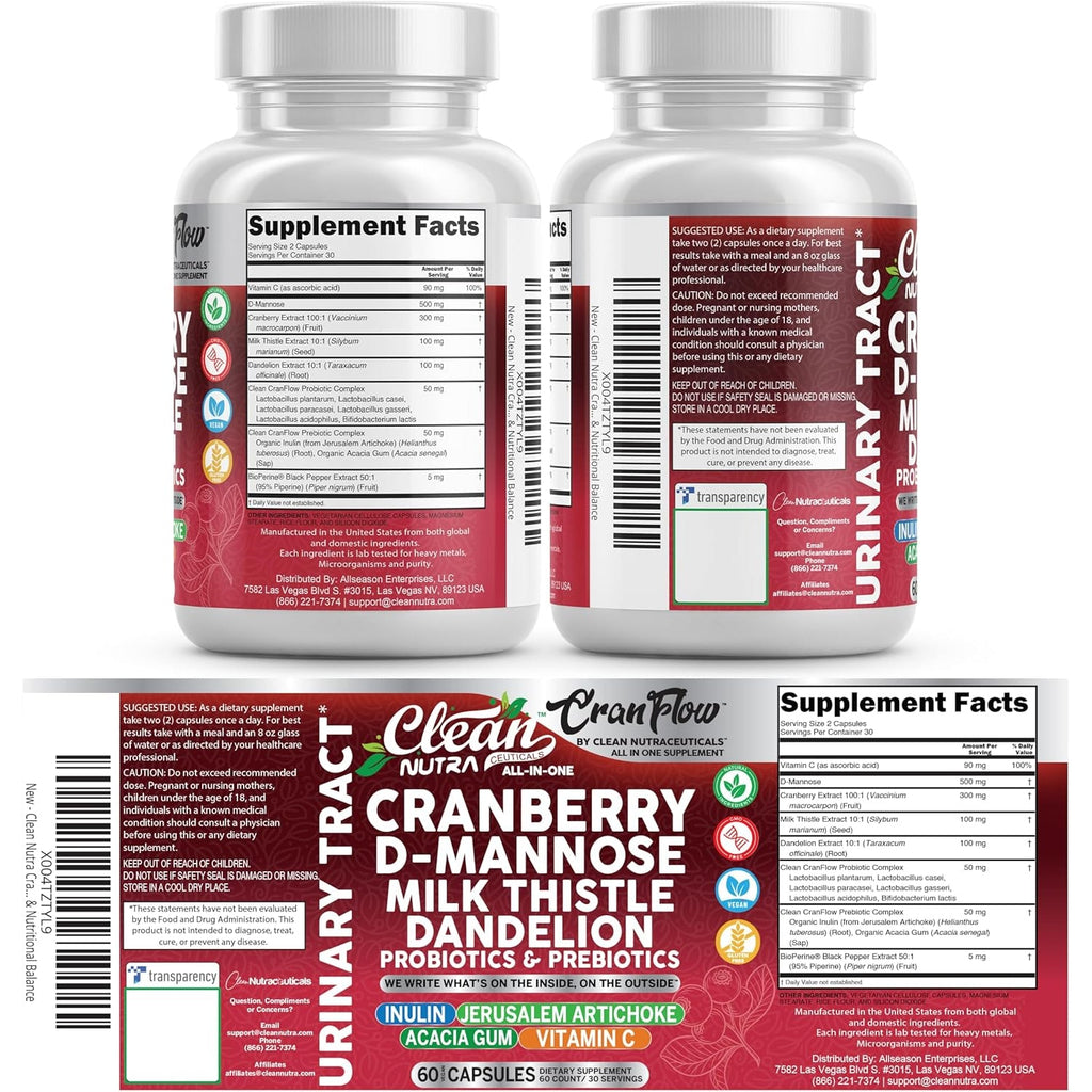 Cran Flow Cranberry Pills for Urinary Health D-Mannose Milk Thistle Dandelion Inulin Vitamin C Prebiotics and Probiotics Bladder Support by Clean Nutra