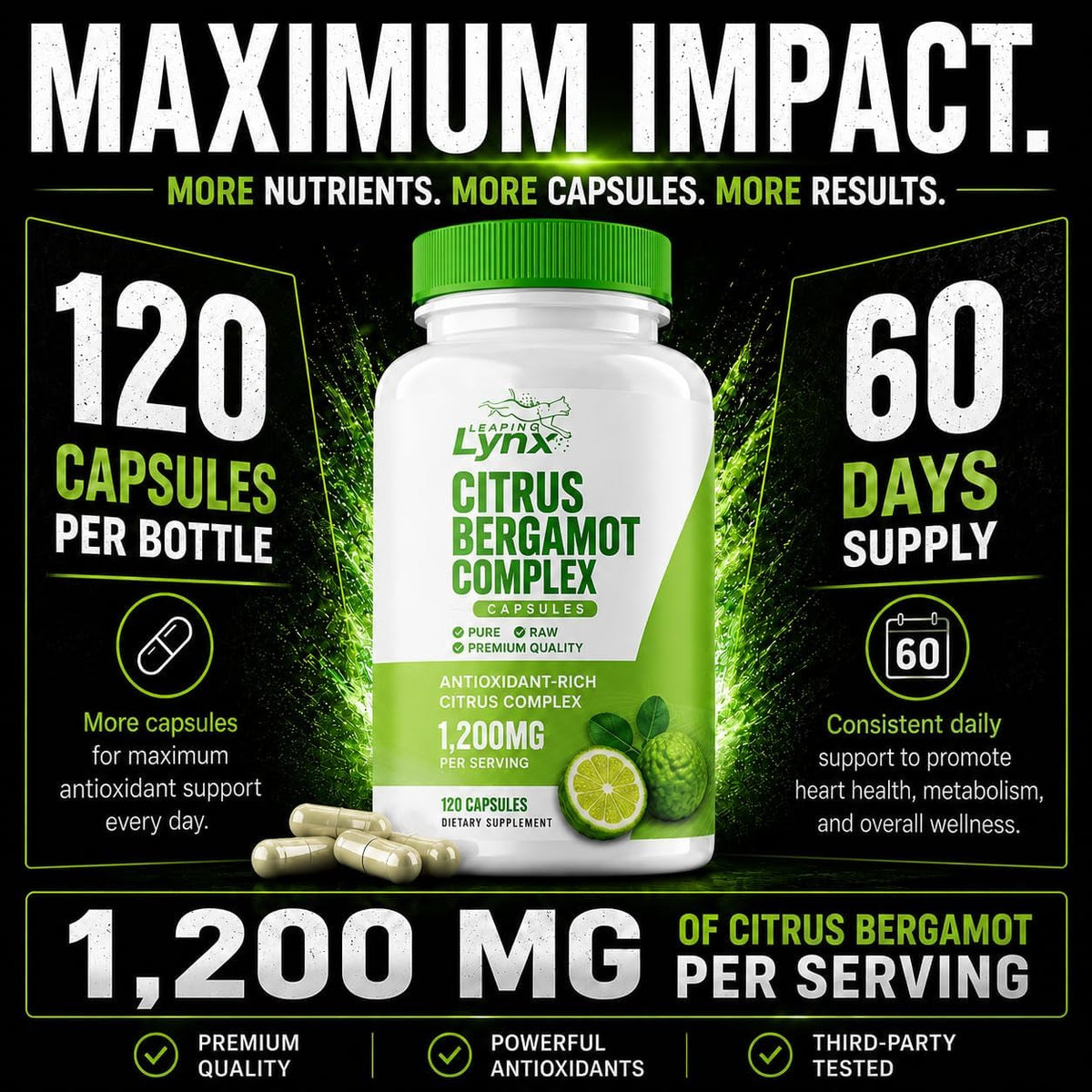 Citrus Bergamot 1200 Mg – Heart & Cholesterol Support Supplement | 120 Capsules (60-Day Supply) | Antioxidant-Rich Extract for Circulatory & Metabolic Wellness | Non-Gmo