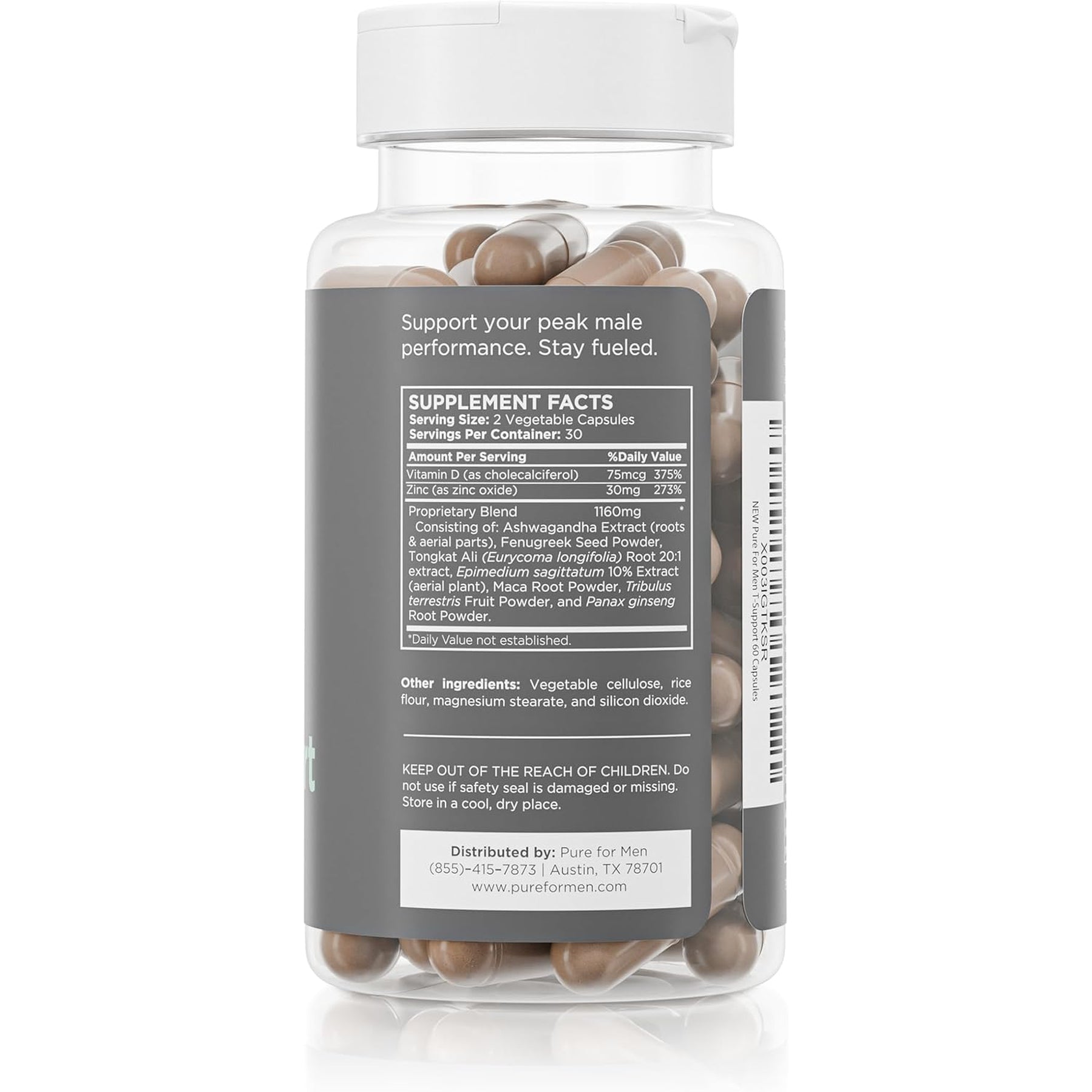 Pure for Men T-Support Supplement | Vegetarian Total Support for Men with Maca, Vitamin D, & Ashwagandha, Muscle Health | Endurance, Strength, Focus, & Energy Support | 60 Capsules
