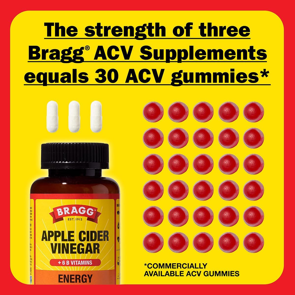 Bragg Energy Apple Cider Vinegar Capsules with B-12 Vitamins - 90 Capsules - Weight Management - Non-Gmo, Vegan, Gluten Free, No Sugar - Helps Generate Energy at Cellular Level for Men and Women