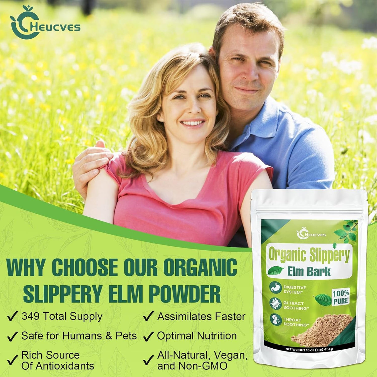 Slippery Elm, Slippery Elm Powder Organic, Elm Bark Made from Inner Bark - 1 Pound (349 Servings), Natural Herbs Helps Soothe the Throat and Coughing & Digestive, Diarrhea - 100% Pure & Vegan