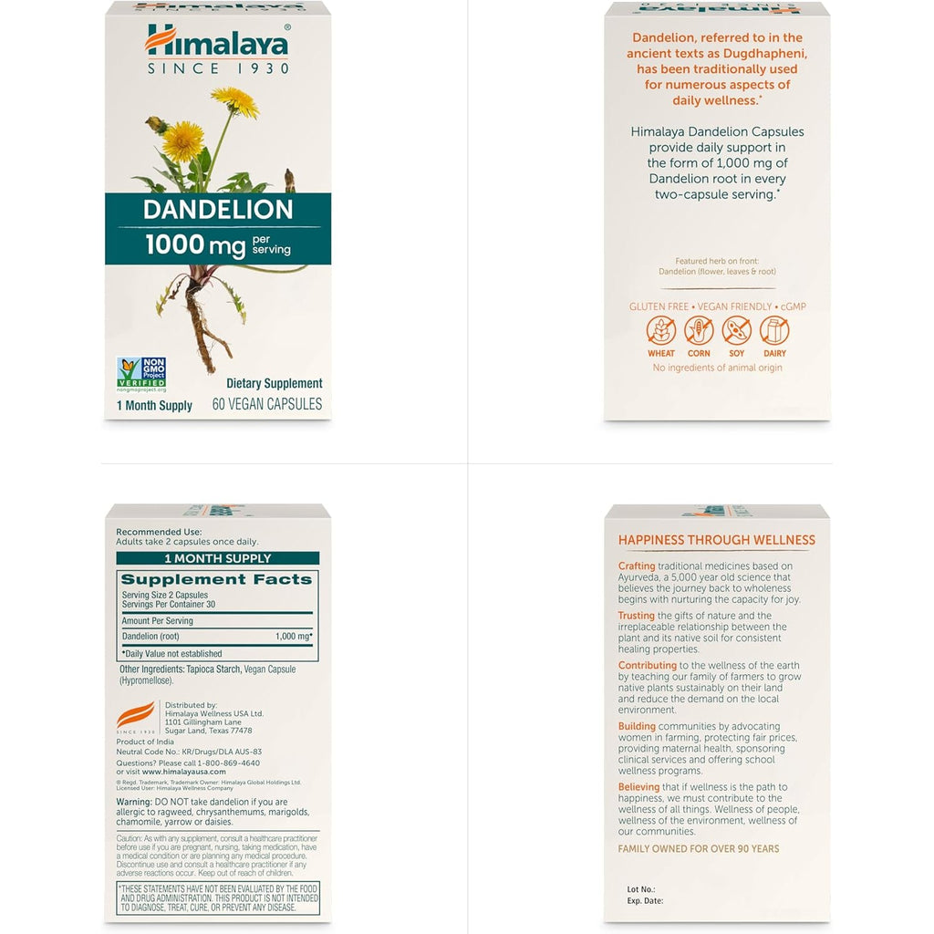 Himalaya Dandelion - Dandelion Root Supplement Supporting Daily Wellness and Health - Vegan, Gluten Free, 1000 Mg, 60 Capsules