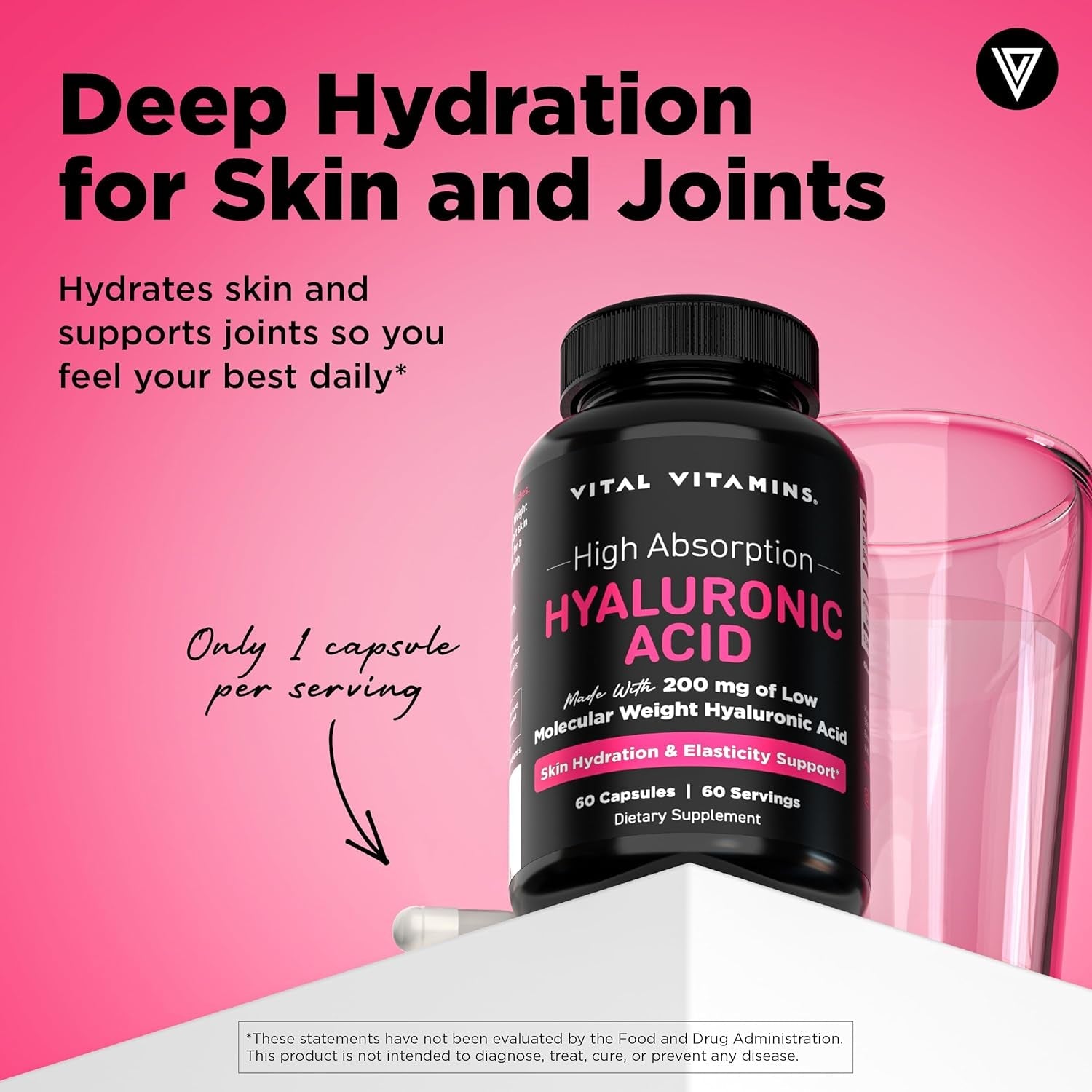 Vital Vitamins Hyaluronic Acid Supplements - Made with 200Mg of Low Molecular Weight Hyaluronic Acid - Supports Skin Hydration & Elasticity from within - 60 Capsules, 60 Servings