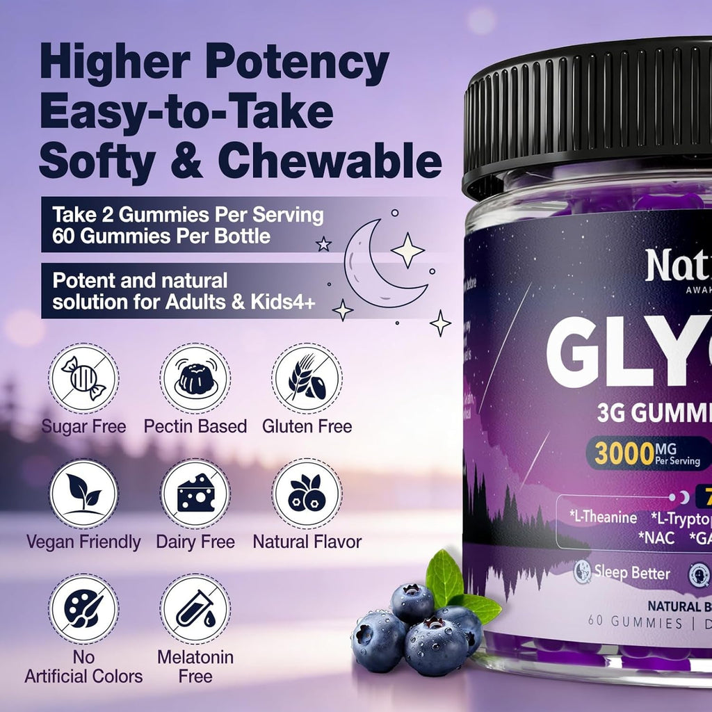 Glycine Gummies for Sleep, Glycine 3G Supplements with NAC, Magnesium Glycinate, L-Theanine, GABA, L Tryptophan, B6 for Relax, Nerve & Brain, Melatonin Free, Sugar Free, Vegan, Blueberry Flavor, 60 Ct