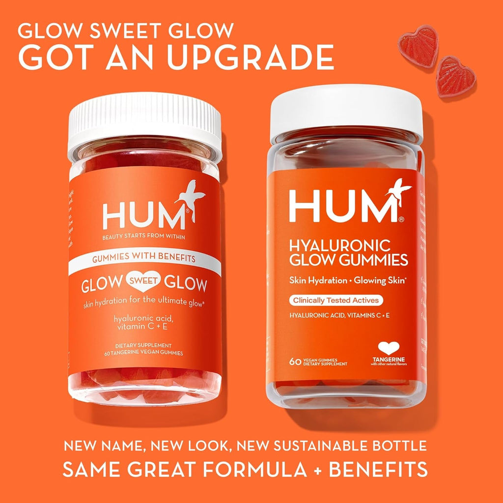 HUM Hyaluronic Glow Hydrating Skin Care Supplement, with Low Molecular Hyaluronic Acid, Vitamin C from Amla Fruit, and Vitamin E, Antioxidant Support for Skin Hydration, Tangerine, 60 Vegan Gummies