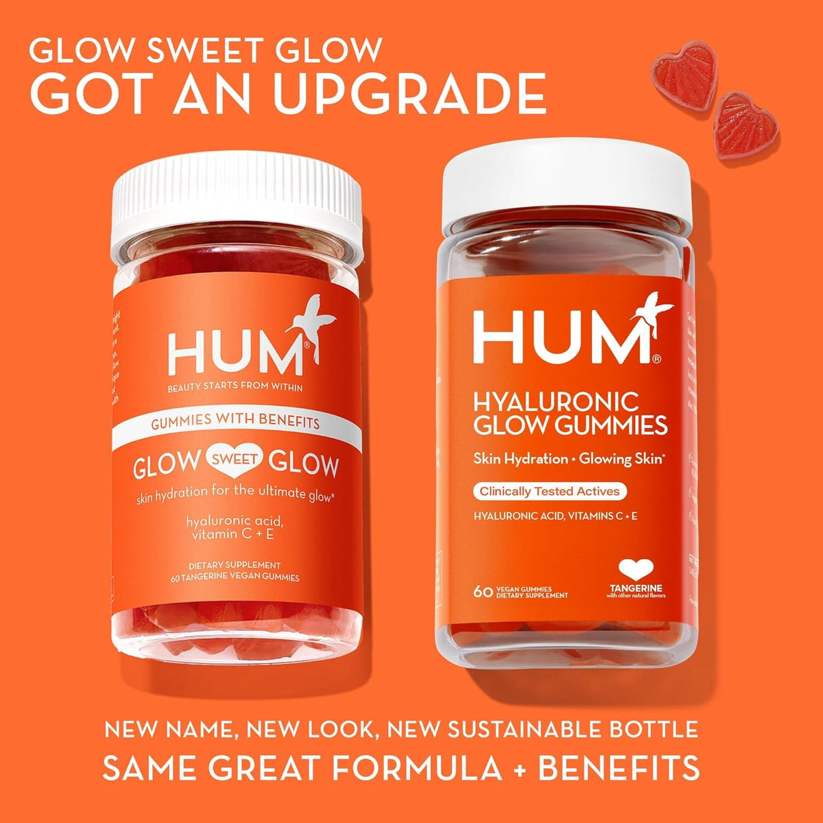 HUM Hyaluronic Glow Hydrating Skin Care Supplement, with Low Molecular Hyaluronic Acid, Vitamin C from Amla Fruit, and Vitamin E, Antioxidant Support for Skin Hydration, Tangerine, 60 Vegan Gummies