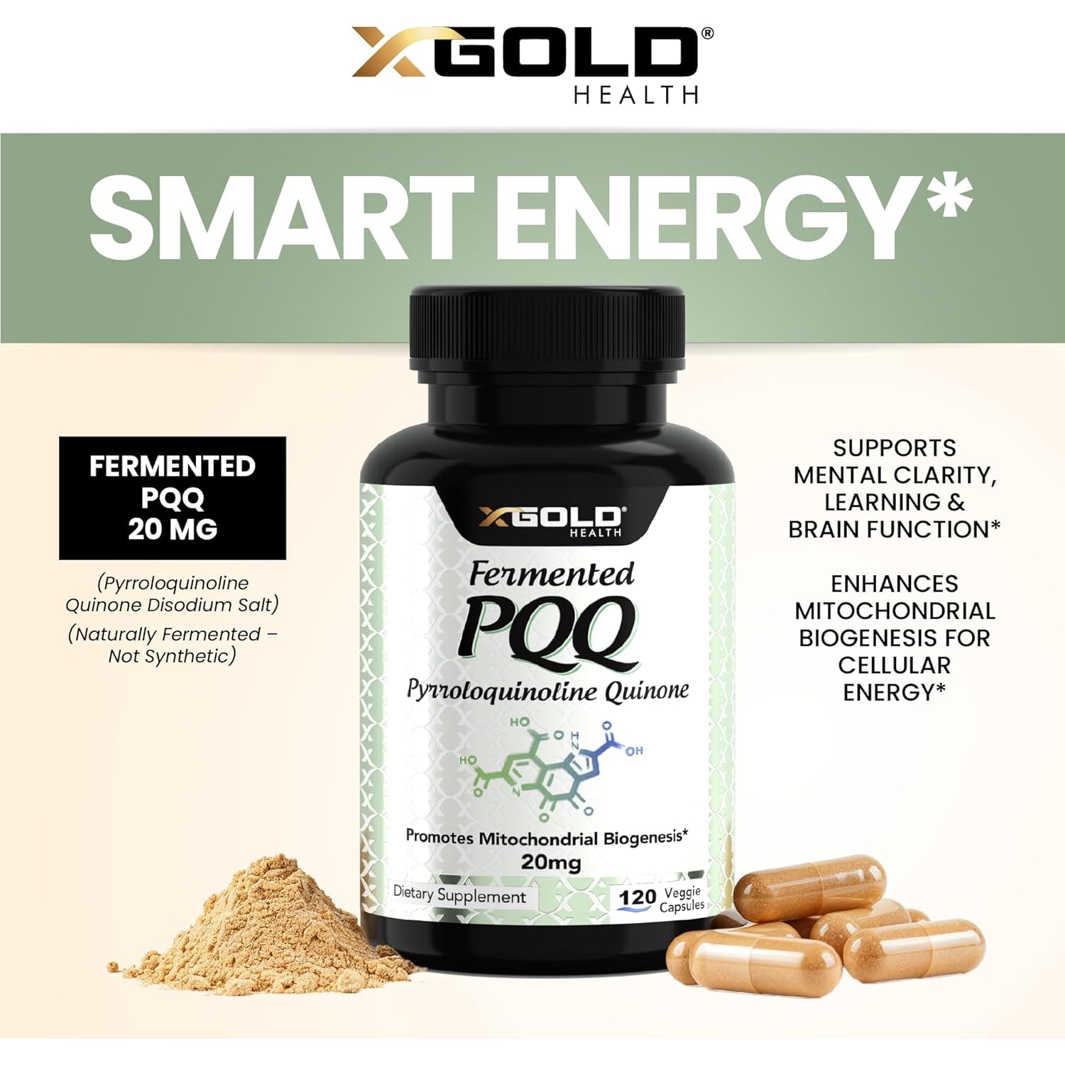 X Gold Health PQQ, Pyrroloquinoline Quinone, 20 Mg, 120 Capsules, Promotes the Growth of New Mitochondria, Gluten-Free, Non-Gmo, Vegetarian