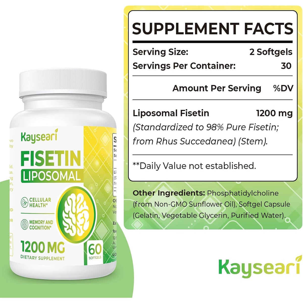 Fisetin 1200Mg Liposomal Fisetin Supplements 98% Pure Fisetin Polyphenols Antioxidants Immunity Health Aging Cognitive Support Non-Gmo 60 Capsules