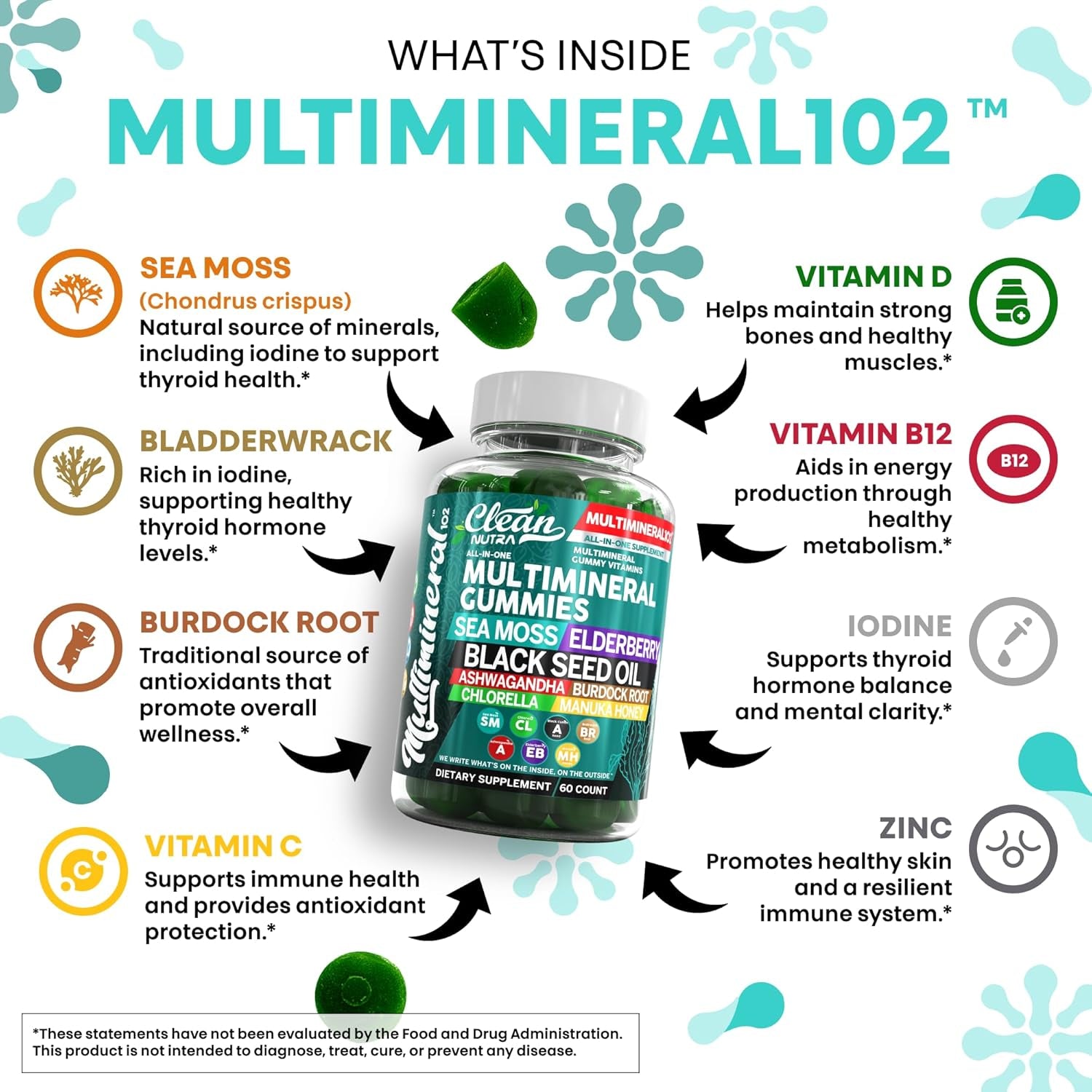 Sea Moss Gummies | Clinically Tested - Black Seed Oil Ashwagandha Elderberry Burdock Root Chlorella Manuka Honey - Vegan Irish Sea Moss Gummy Vitamins for Adults Kids Men Women - Green Apple Flavor