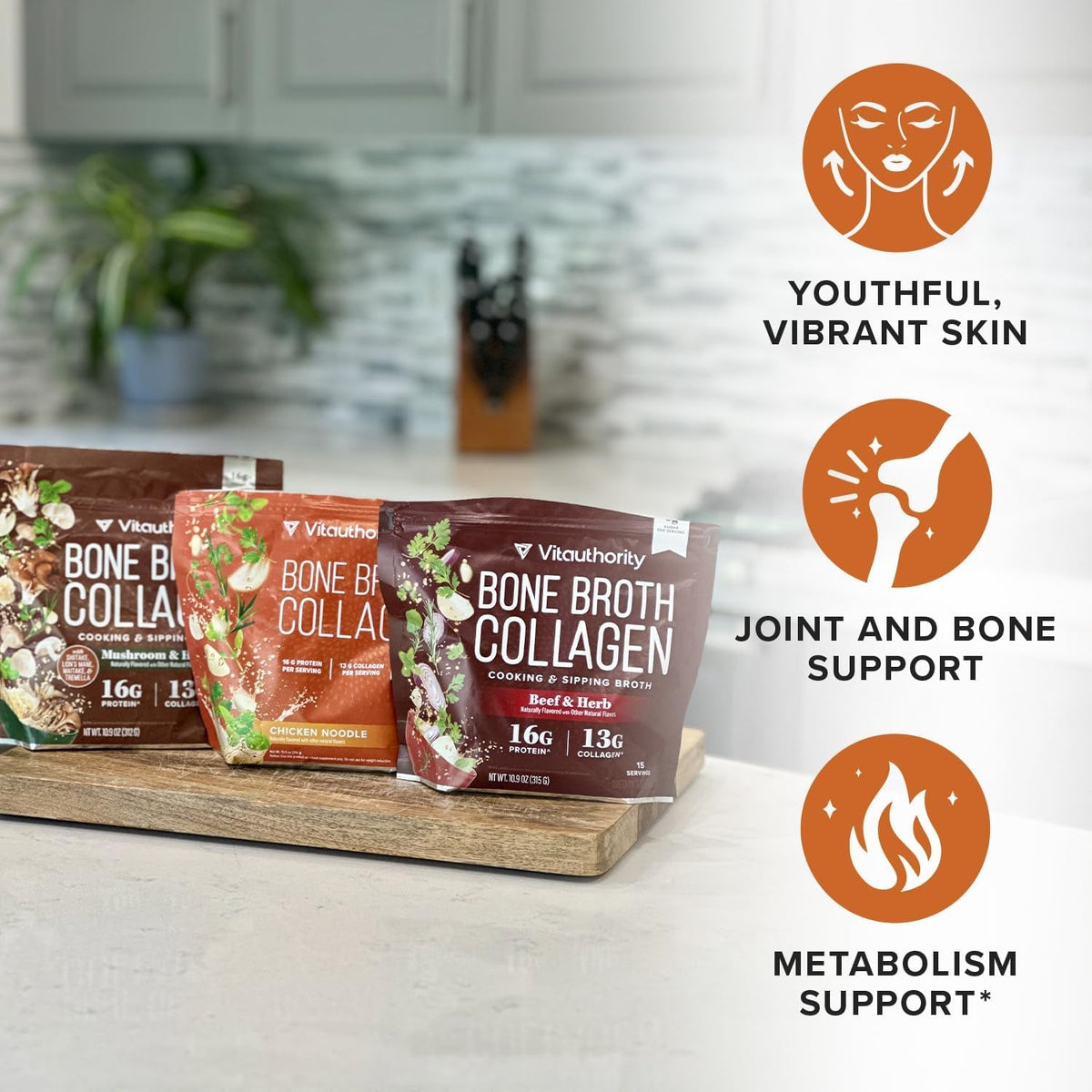 Vitauthority Bone Broth Collagen Delicious Chicken Noodle Flavored - Packed with 16G of Protein & Types I, II, III - Nourishes Skin, Hair, Nails, Joints, & Gut - Beef Bonebroth