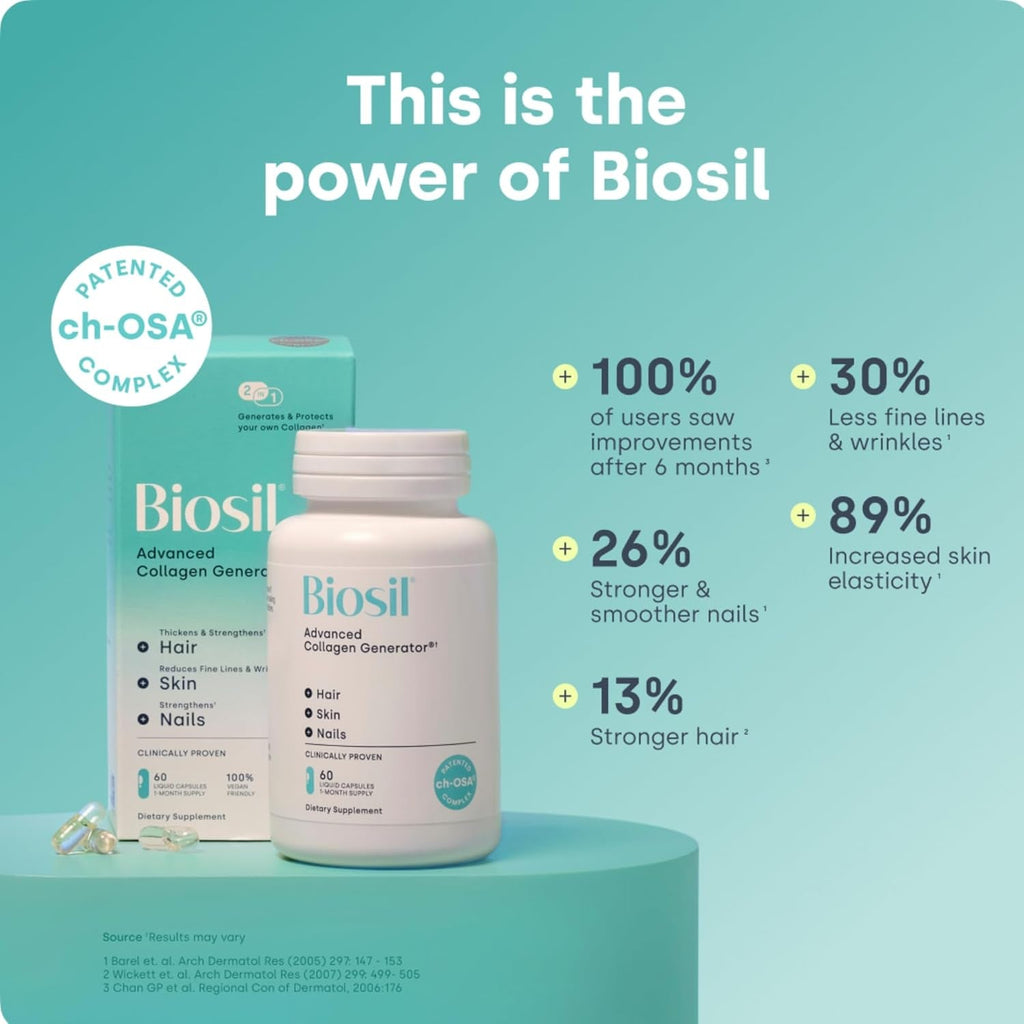 Biosil Collagen Booster Supplement - 60 Vegan Capsules - Patented Ch-Osa Activator for Skin, Hair, Nails & Joints - Supports Natural Production - 30-Day Supply