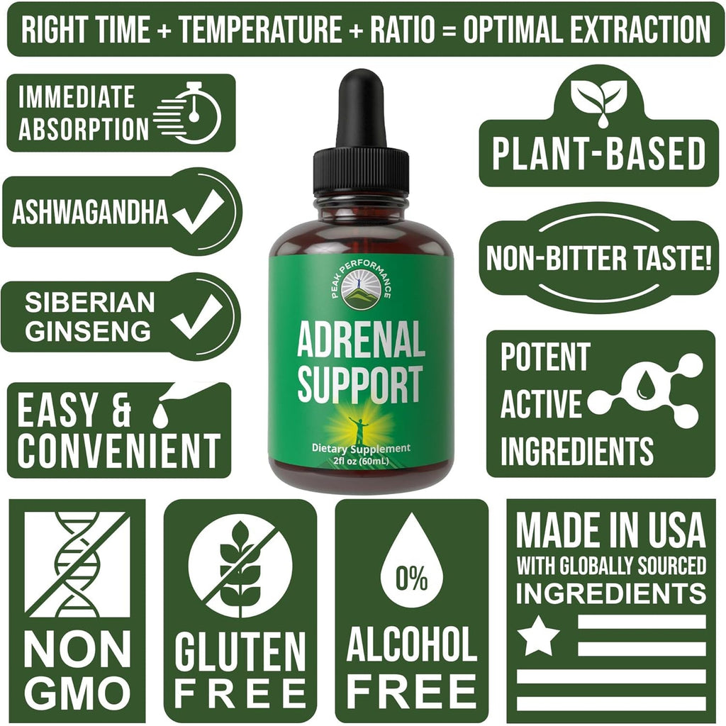 Peak Performance Adrenal Support Supplements to Restore Energy from Adrenal Fatigue. Liquid Drops Complex for Women and Men. Supports Healthy Cortisol Management. Supplement with Adaptogens