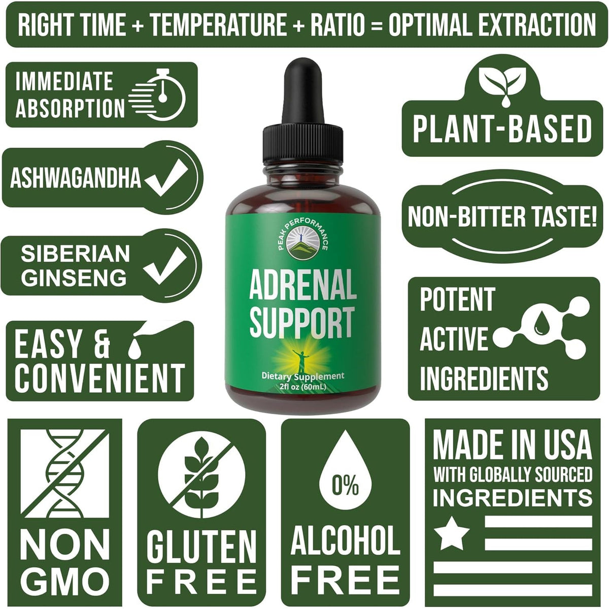 Peak Performance Adrenal Support Supplements to Restore Energy from Adrenal Fatigue. Liquid Drops Complex for Women and Men. Supports Healthy Cortisol Management. Supplement with Adaptogens