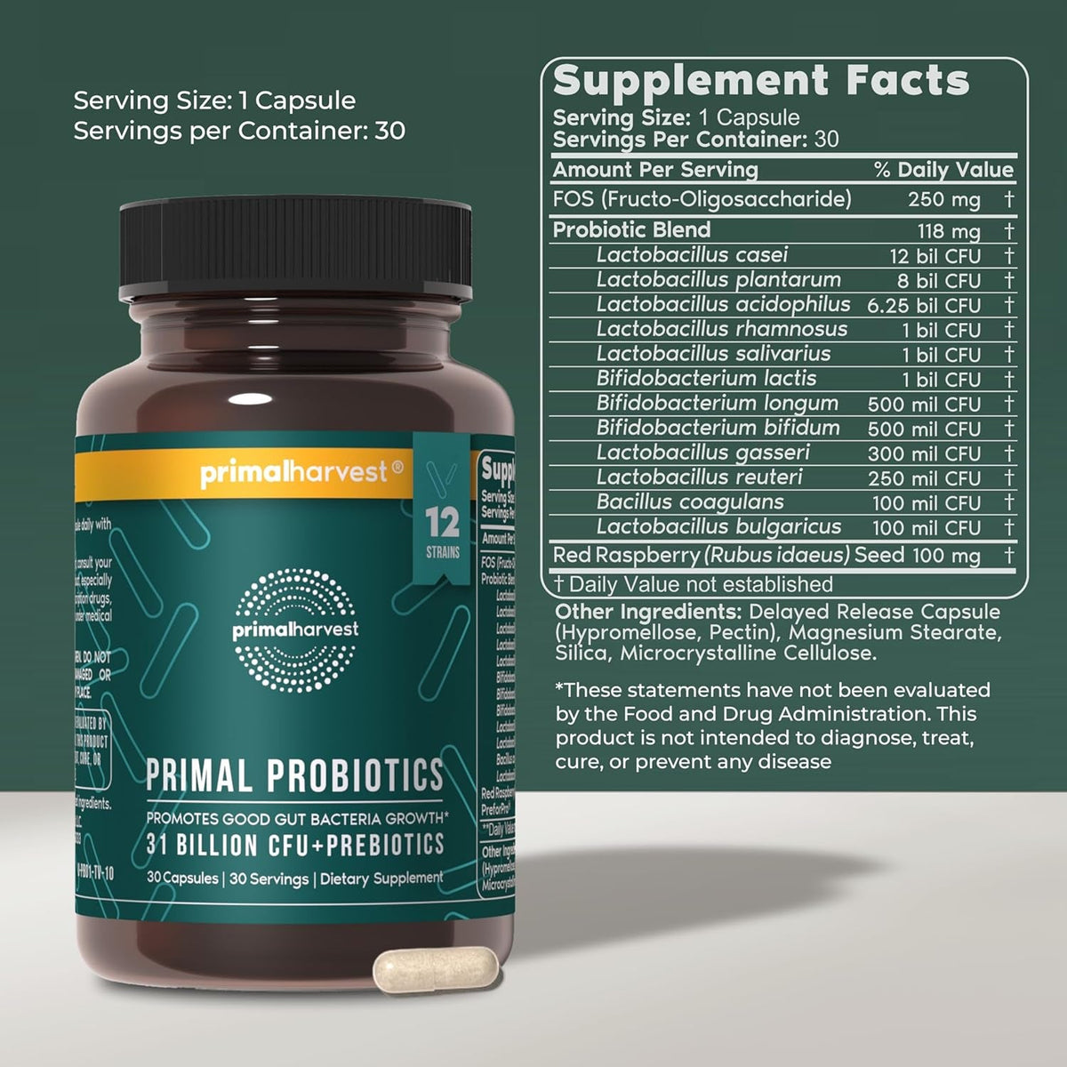 Primal Harvest Probiotics for Women & Men Daily Probiotic Supplement with 12 Strains for Gut & Digestive Health 30 Capsules