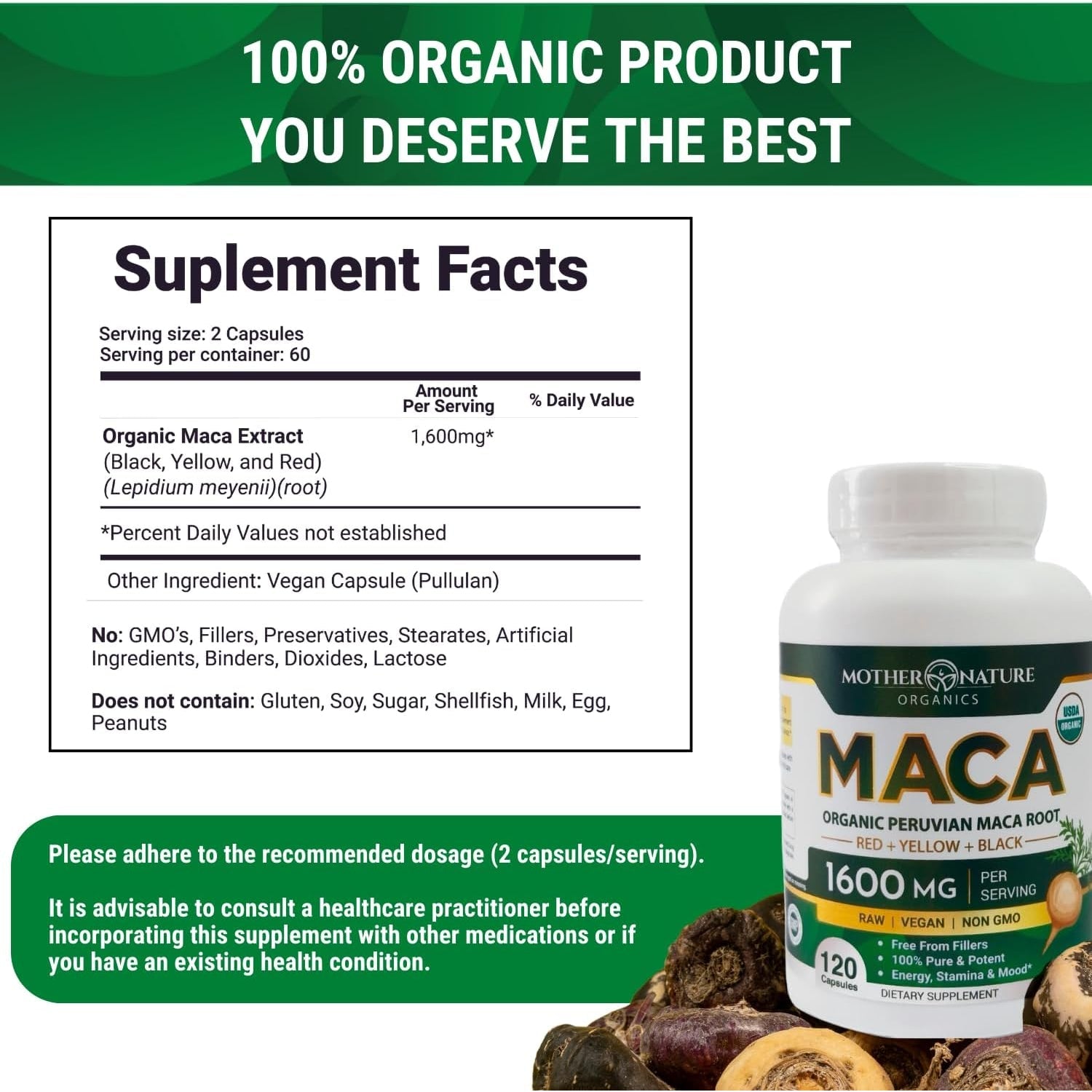 Mother Nature Organic Maca Root Capsules – 1600Mg, 120 Vegan Capsules – Non GMO Peruvian Yellow, Red & Black Maca for Men & Women - Energy, Hormone, Brain & Weight Well-Being