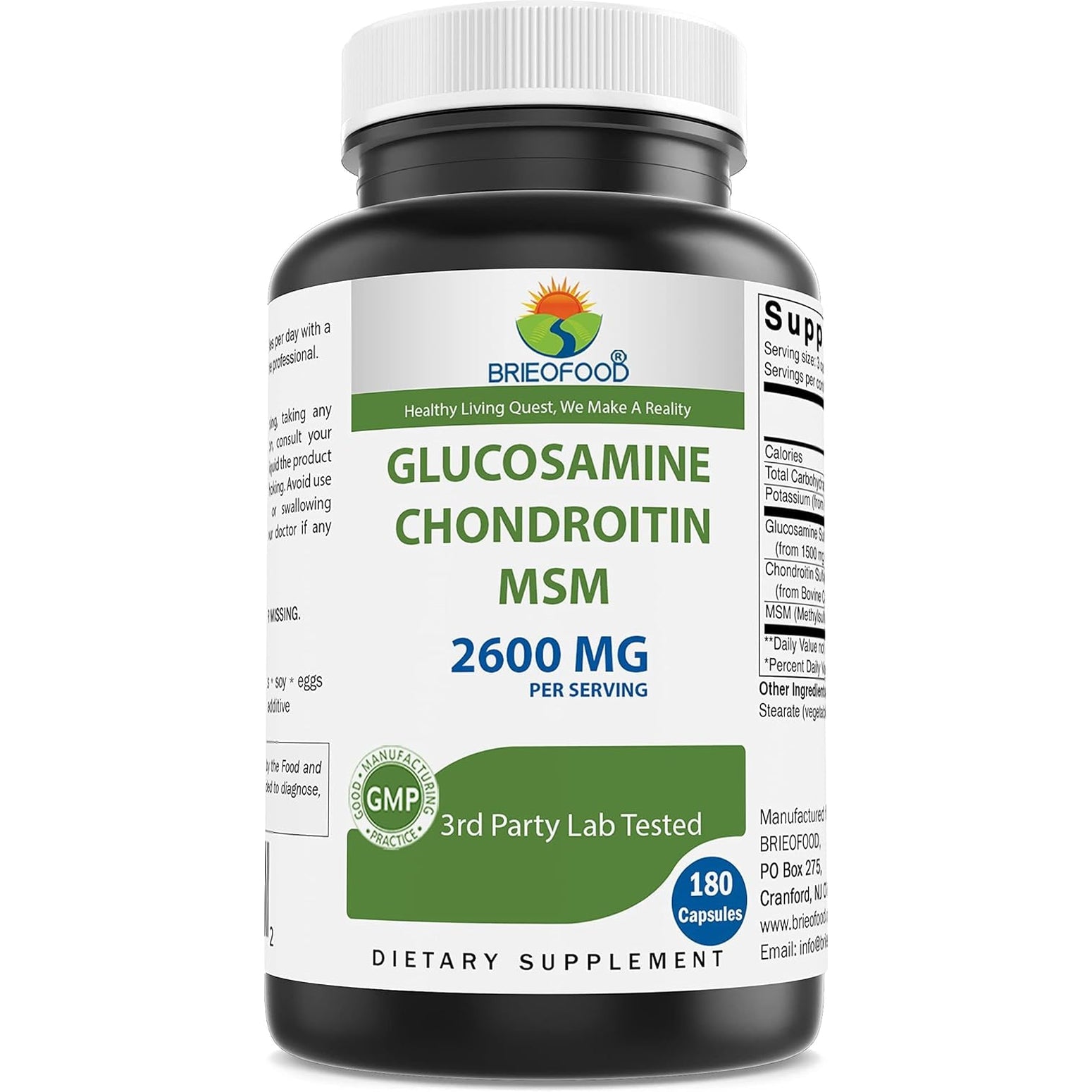 Brieofood Triple Strength Glucosamine Chondroitin MSM 2600Mg/Serving Capsules, Supports Healthy Joint, Cartilage and Connective Tissue - Promotes Joint Comfort & Flexibility 180 Count